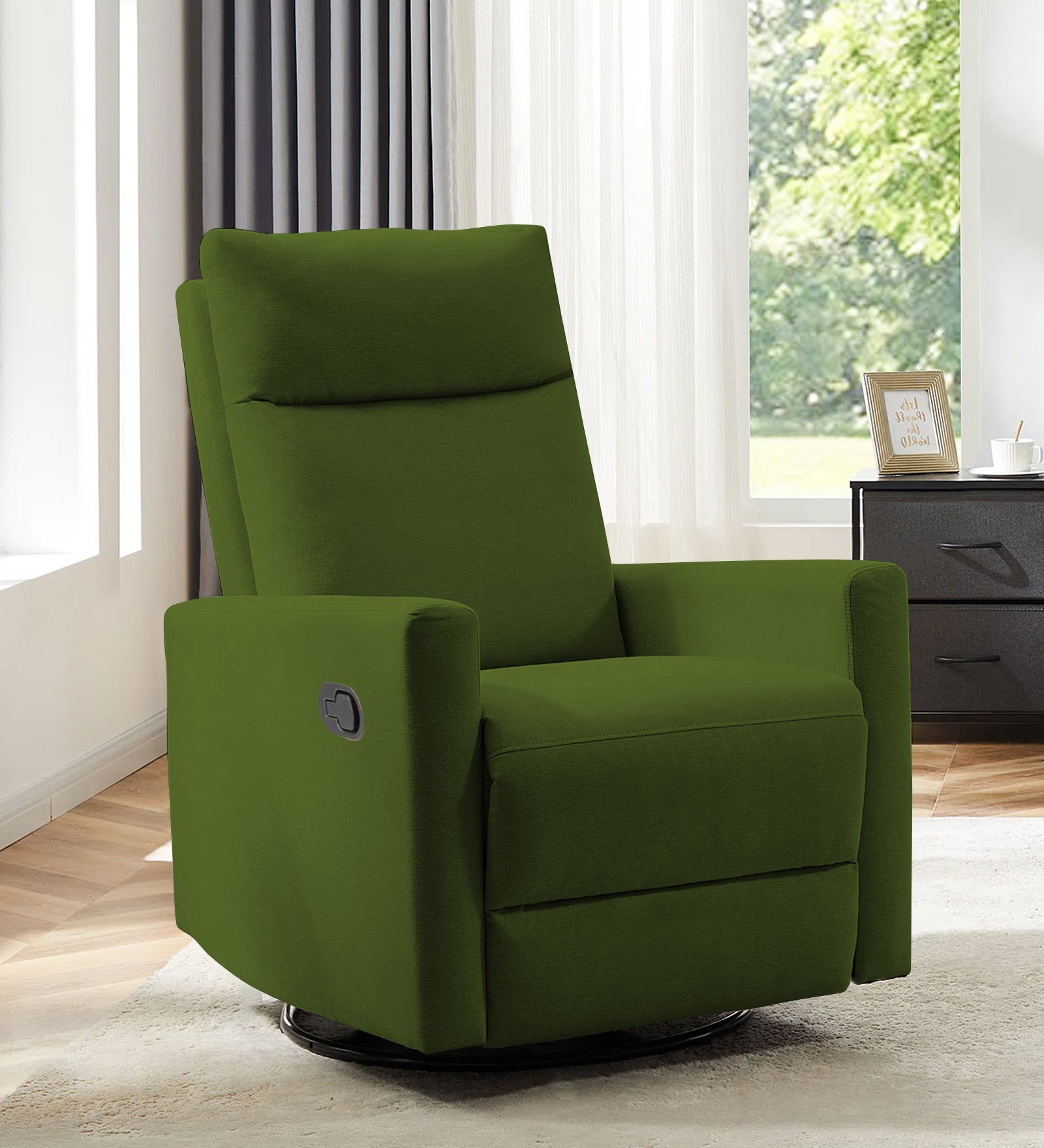 Zura 1 Seater Rotating Motorized Fabric Recliner - Olive Green - Living View by Febonic Living