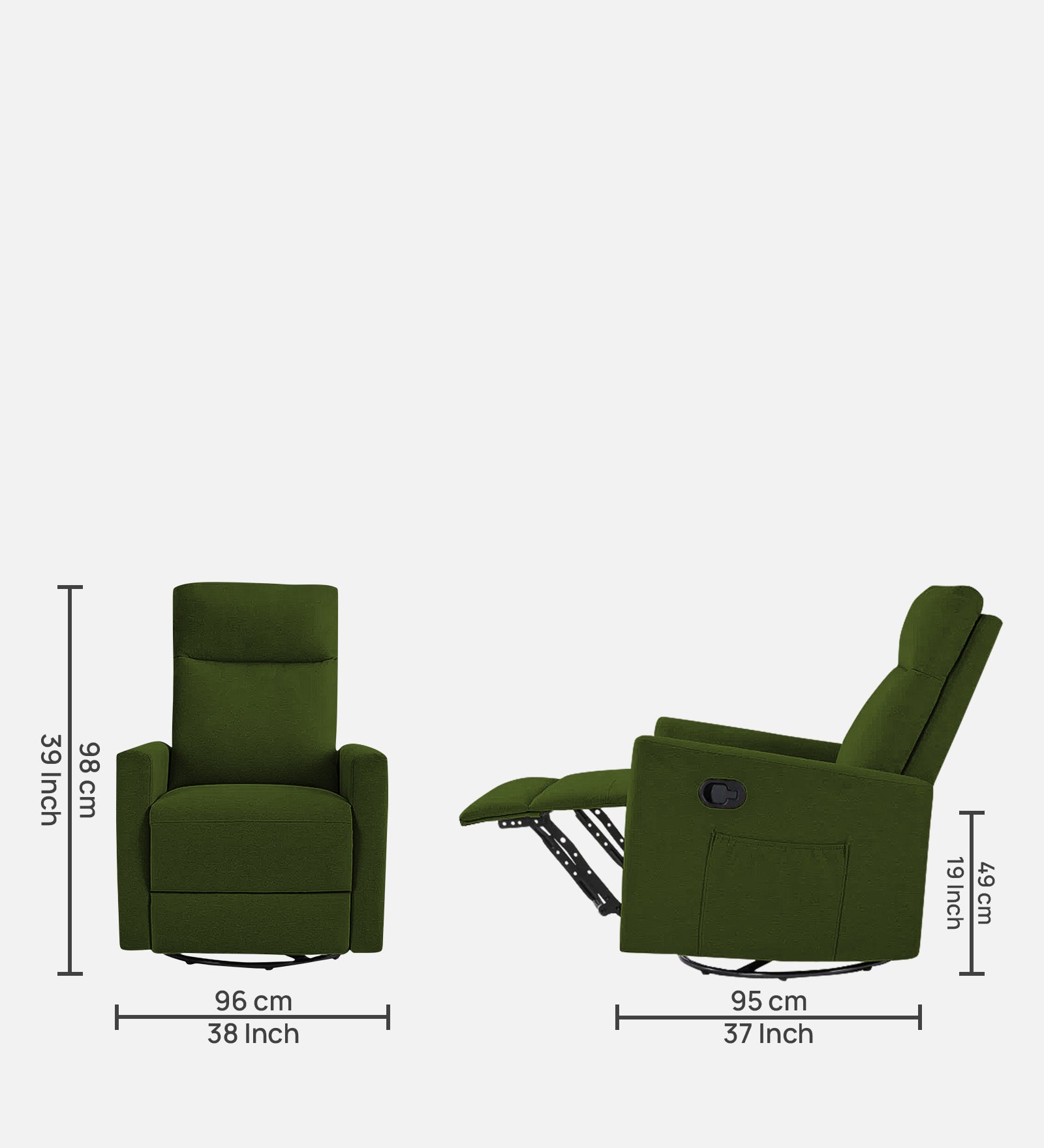 Zura 1 Seater Rotating Motorized Fabric Recliner - Olive Green - Dimensions by Febonic Living