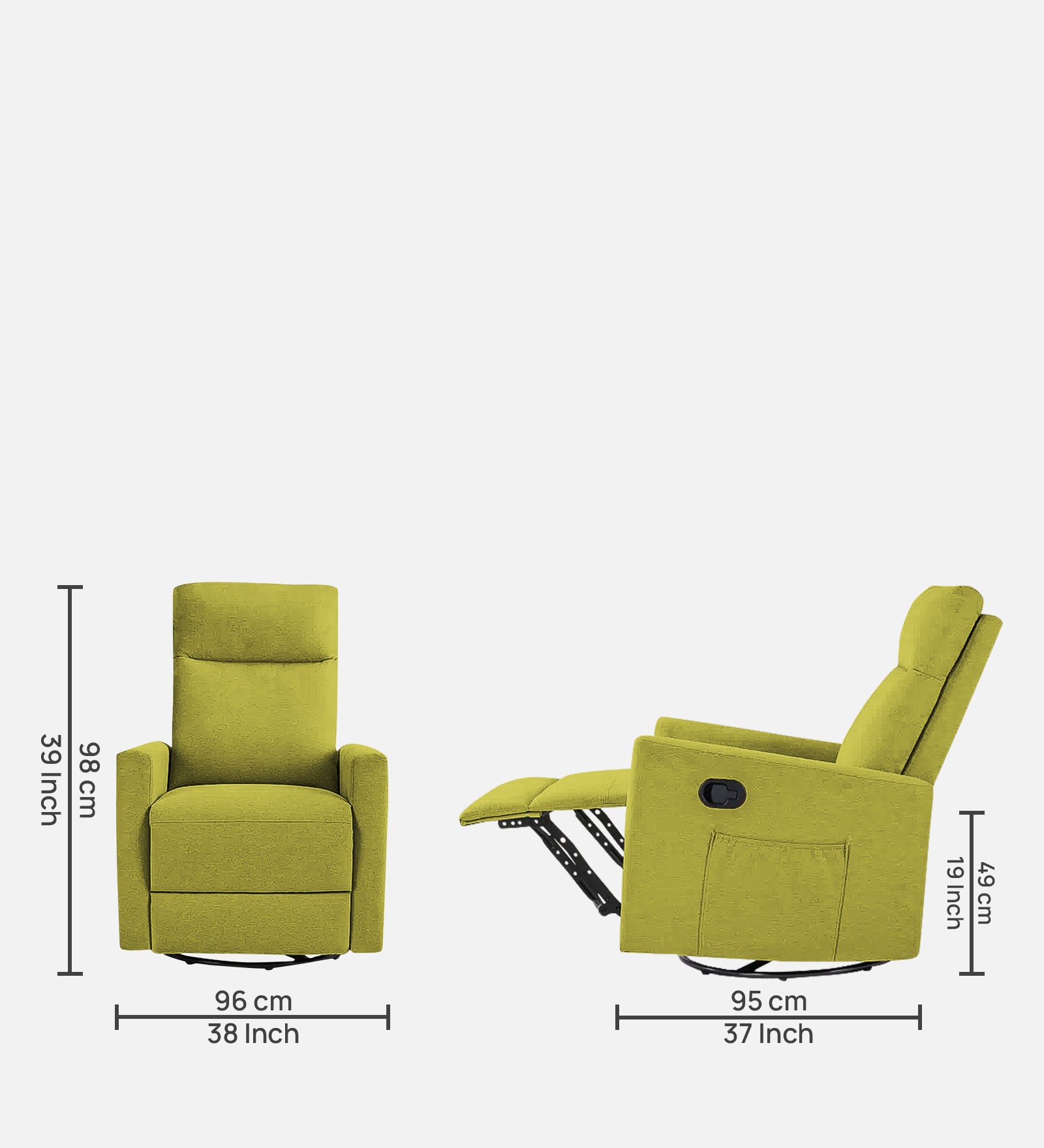 Zura 1 Seater Rotating Motorized Fabric Recliner - Parrot Green - Dimensions by Febonic Living