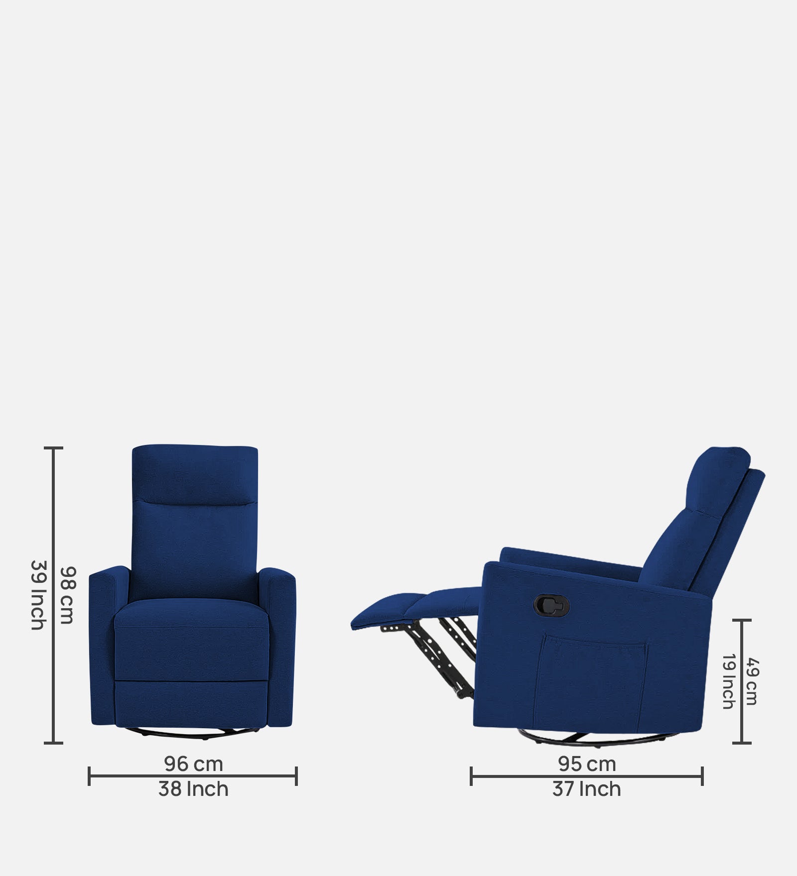 Zura 1 Seater Rotating Motorized Fabric Recliner - Royal Blue - Dimensions by Febonic Living