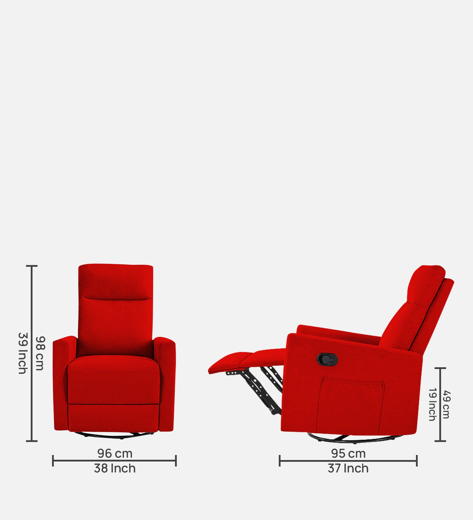 Zura 1 Seater Rotating Motorized Fabric Recliner - Ruby Red - Dimensions by Febonic Living