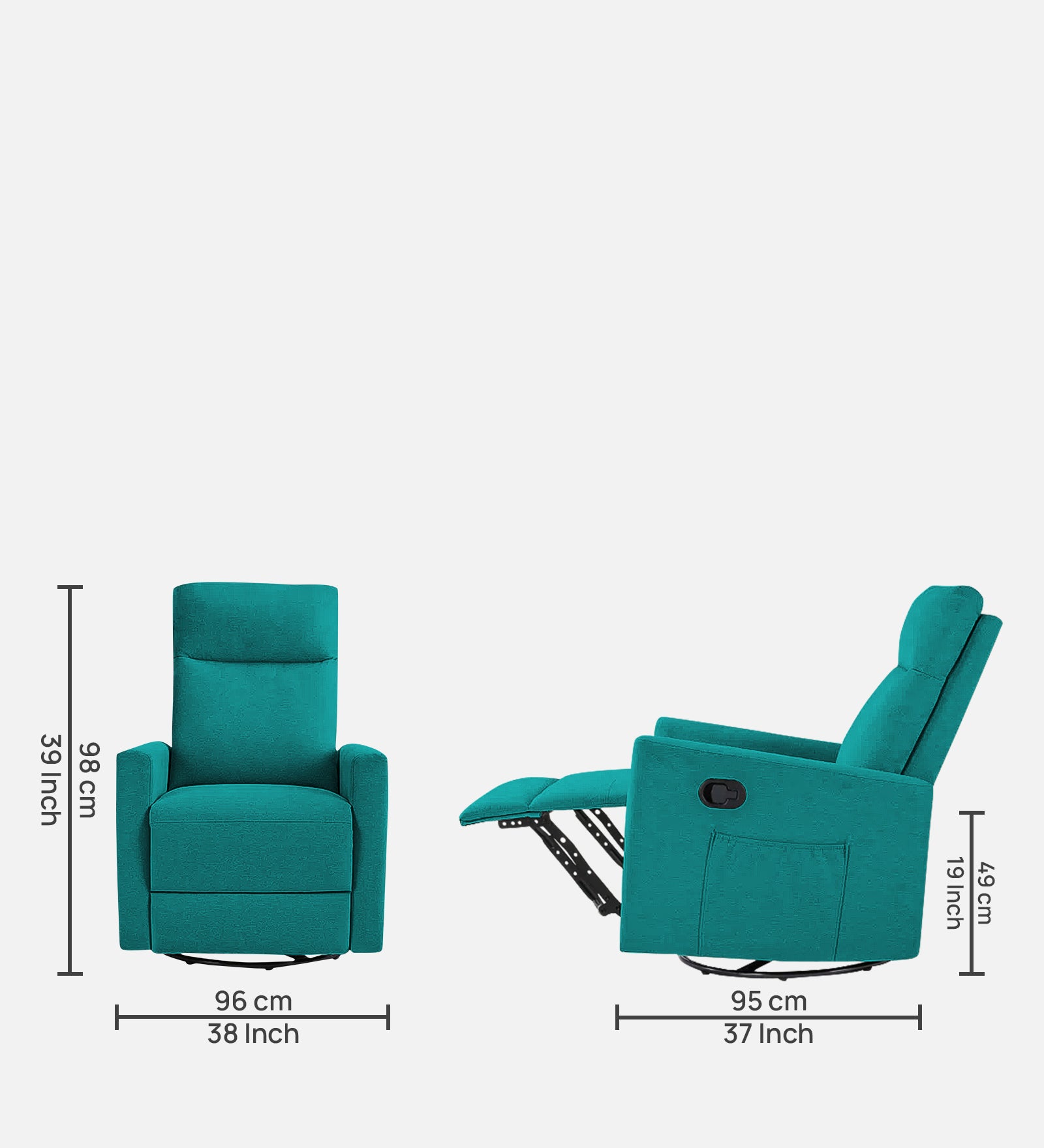 Zura 1 Seater Rotating Motorized Fabric Recliner - Sea Green - Dimensions by Febonic Living