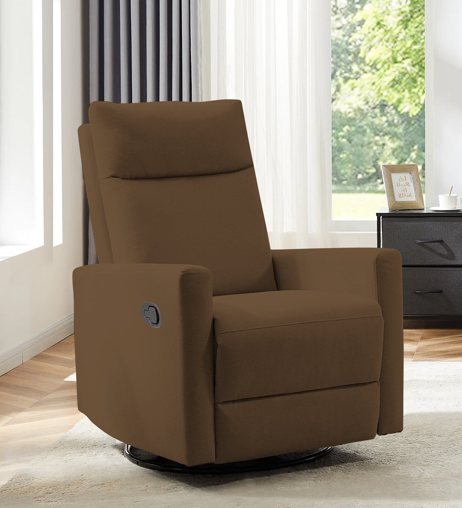 Zura 1 Seater Rotating Motorized Fabric Recliner - Walnut Brown - Living View by Febonic Living