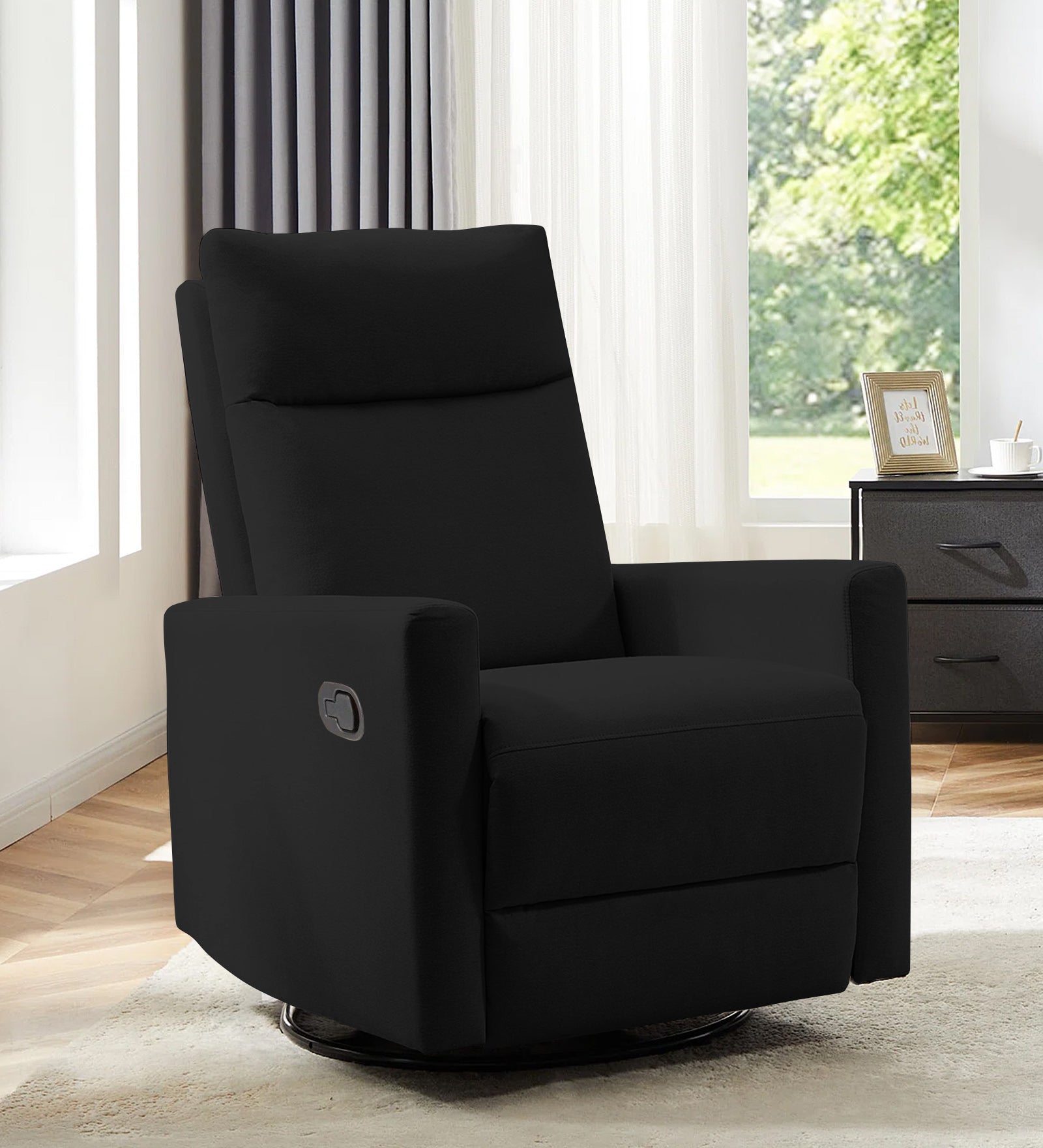 Zura 1 Seater Rotating Motorized Fabric Recliner - Zed Black - Living View by Febonic Living