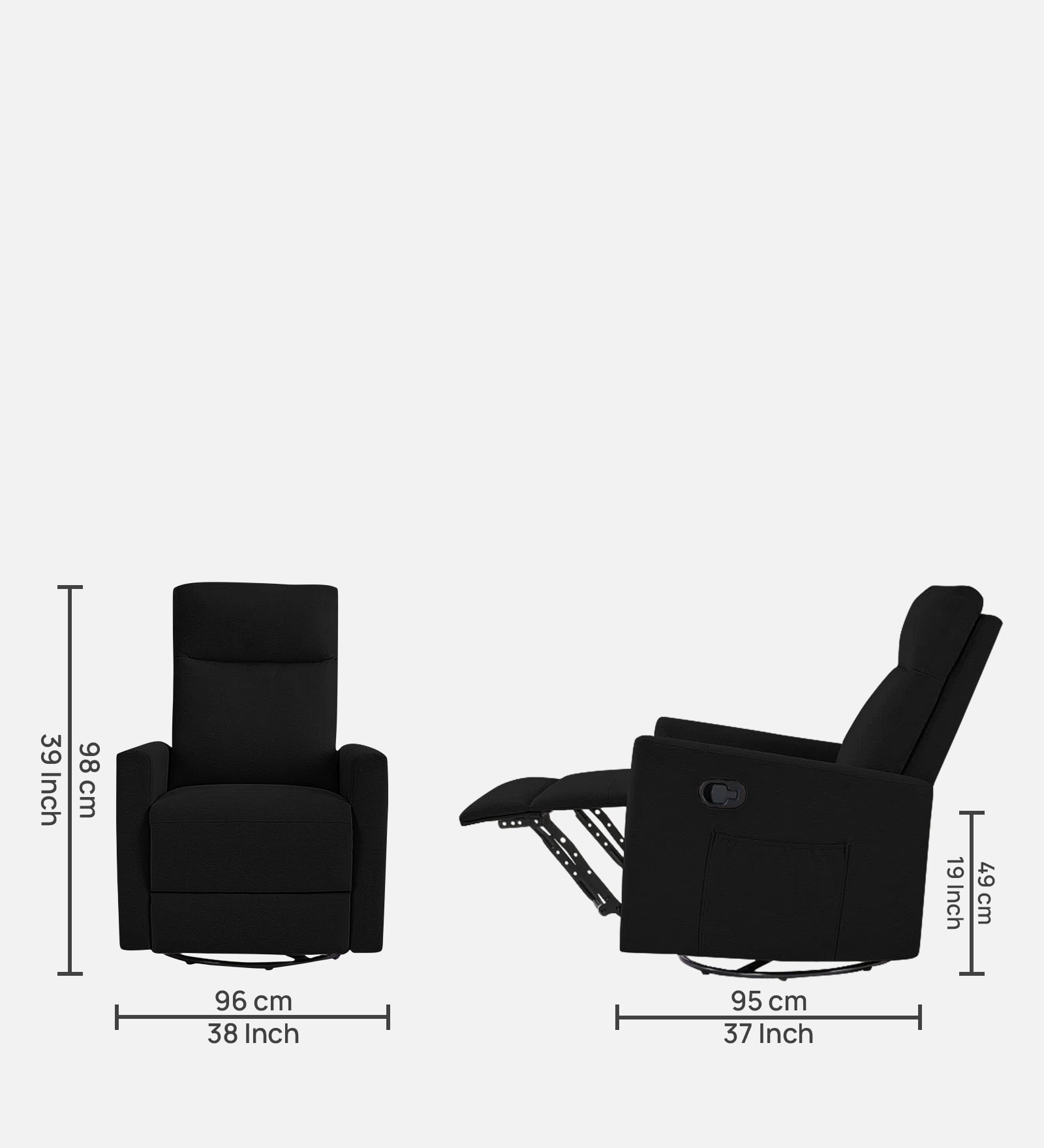 Zura 1 Seater Rotating Motorized Fabric Recliner - Zed Black - Dimensions by Febonic Living