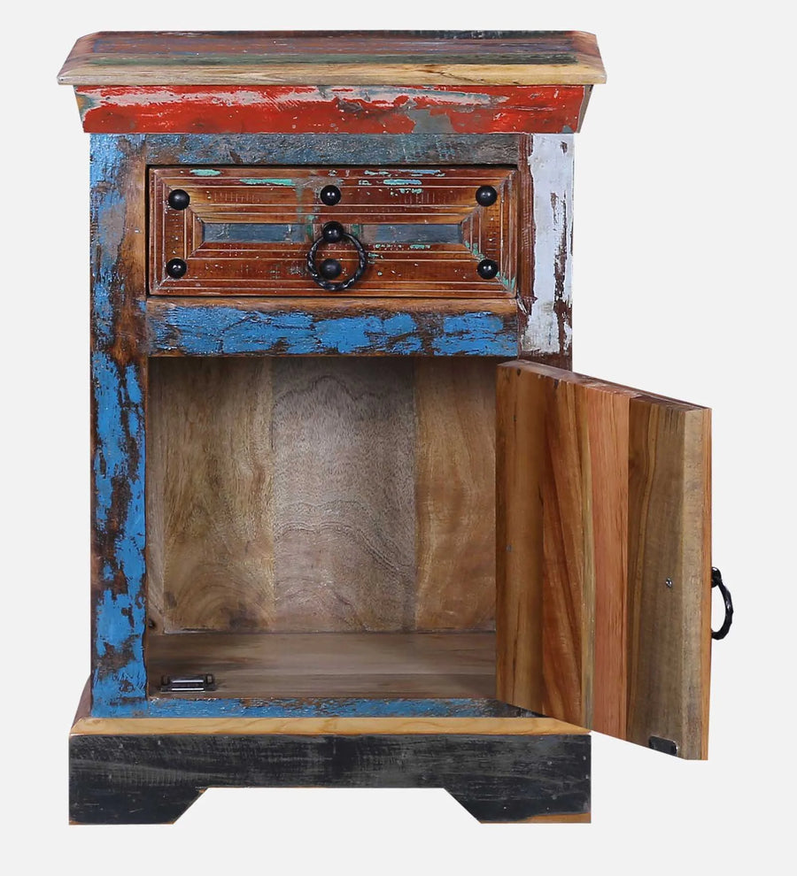Ezla Reclaimed Wood Bedside Table In Distress Finish With Drawers - Febonic Living