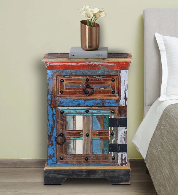 Ezla Reclaimed Wood Bedside Table In Distress Finish With Drawers