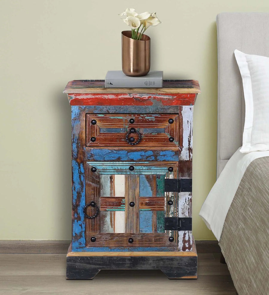 Ezla Reclaimed Wood Bedside Table In Distress Finish With Drawers - Febonic Living