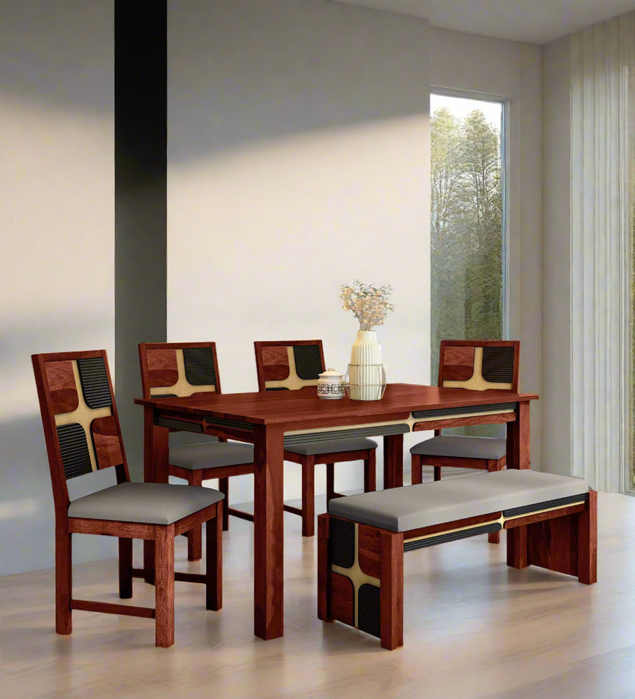Rook Sheesham Wood 6 Seater Dining Set In Scratch Resistant Honey Oak Finish With Bench - Febonic Living