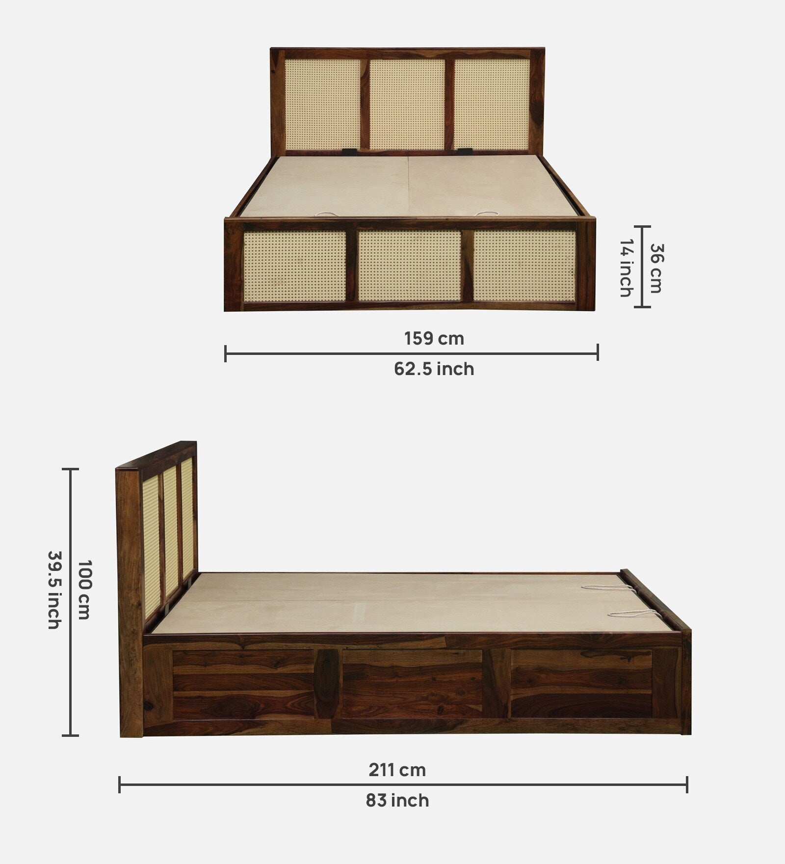 Albans Sheesham Wood Queen Size Bed In Provincial Teak Finish With Hydraulic Storage - Febonic Living