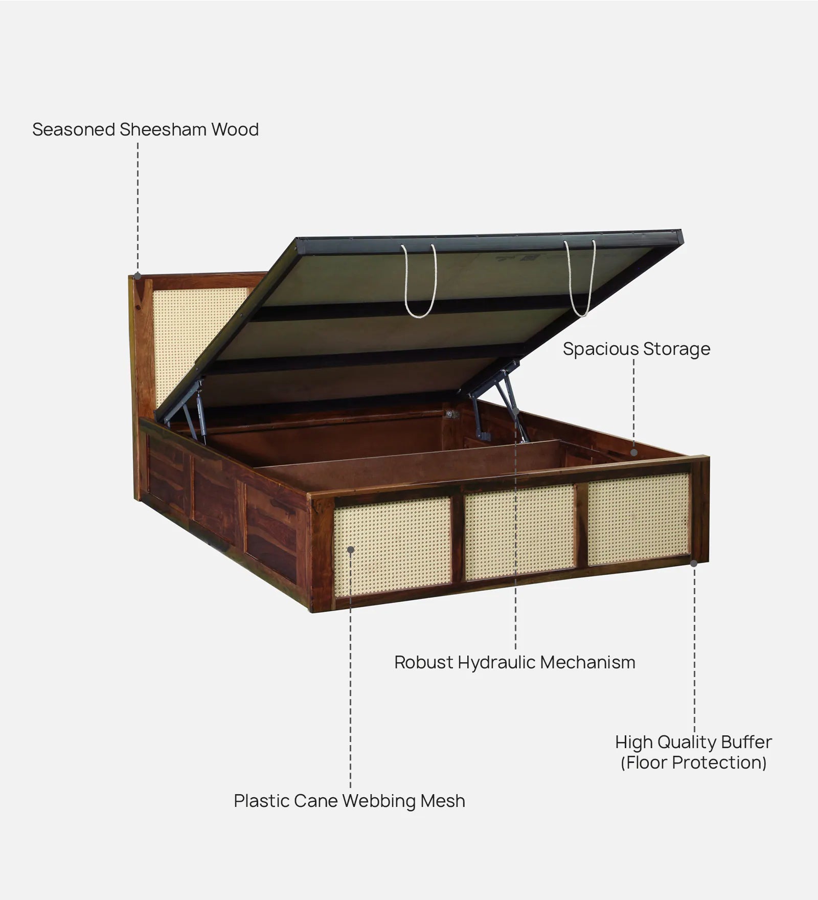 Albans Sheesham Wood King Size Bed In Provincial Teak Finish With Hydraulic Storage - Febonic Living