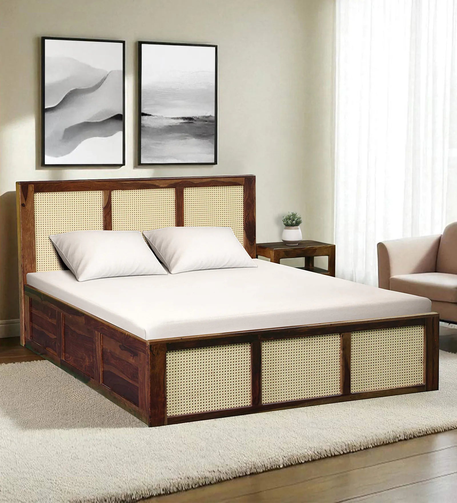 Albans Sheesham Wood King Size Bed In Provincial Teak Finish With Hydraulic Storage - Febonic Living