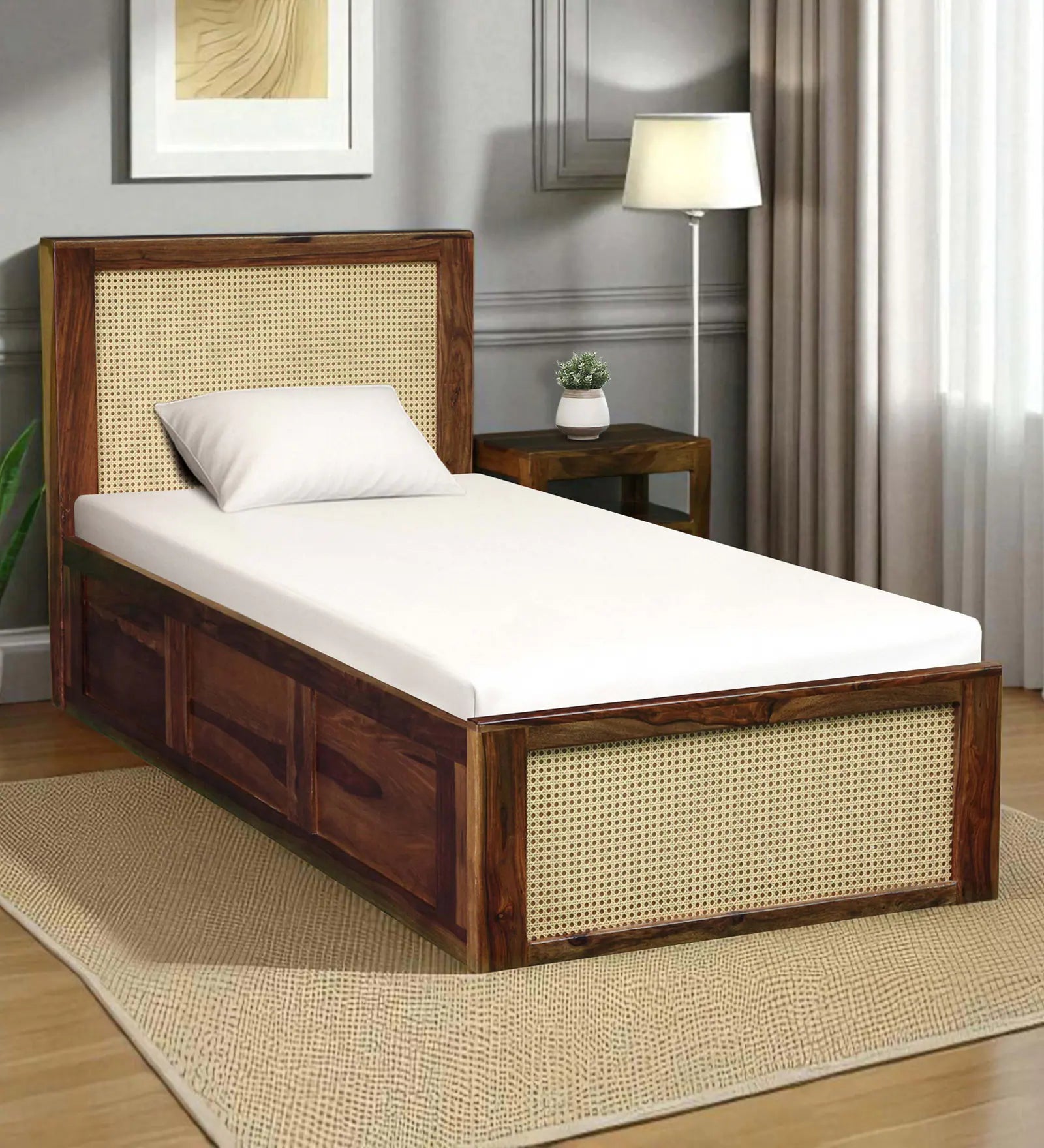 Albans Sheesham Wood Single Bed In Provincial Teak Finish With Box Storage - Febonic Living