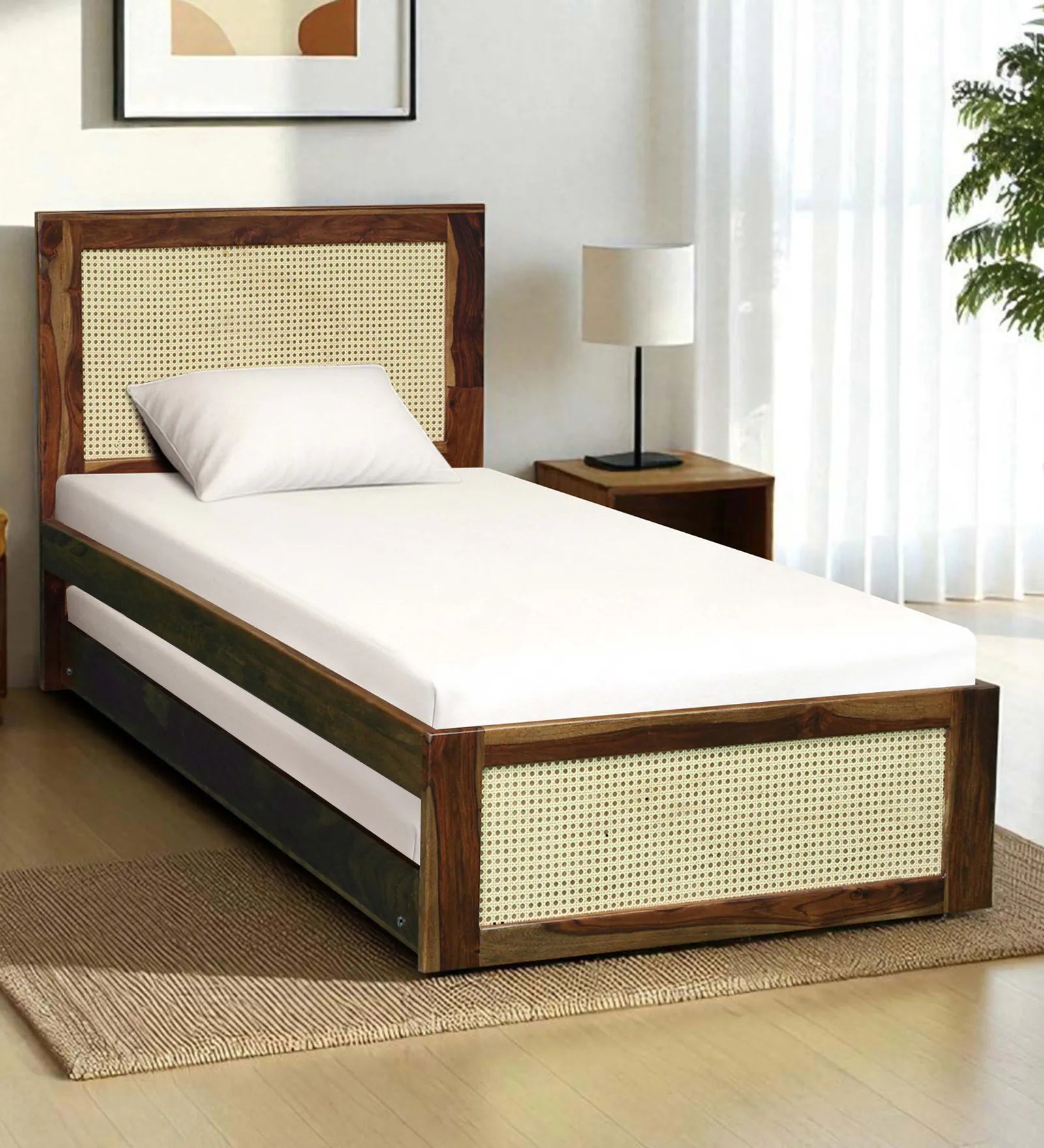 Albans Sheesham Wood Single Bed In Provincial Teak Finish With Trundle - Febonic Living