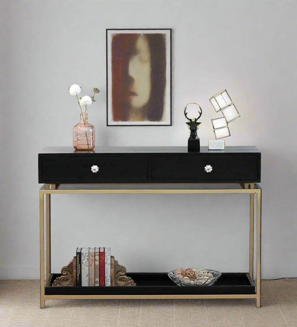 Macon Solid Wood Console Table In Black And Gold Finish - Febonic Living
