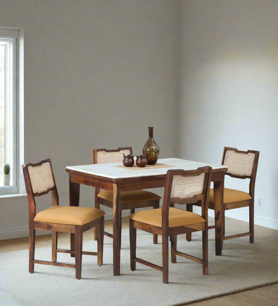 Tanu Sheesham Wood 4 Seater Dining Set In Provincial Teak Finish With Marble Top - Febonic Living