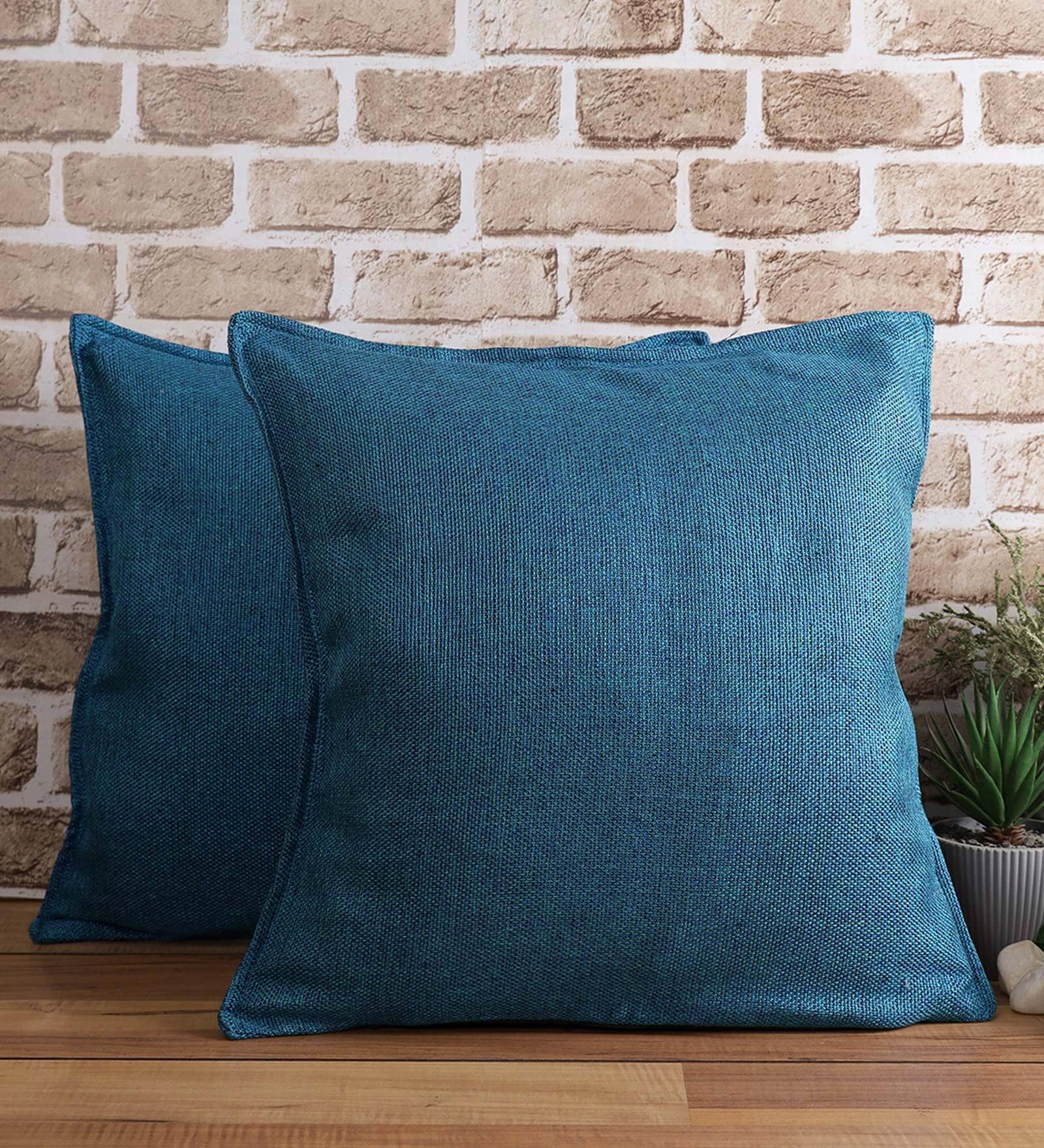 Charlie Jute Fabric Geometric 18x18 inches Cushion + Covers (Pack of 2) In Blue Colour