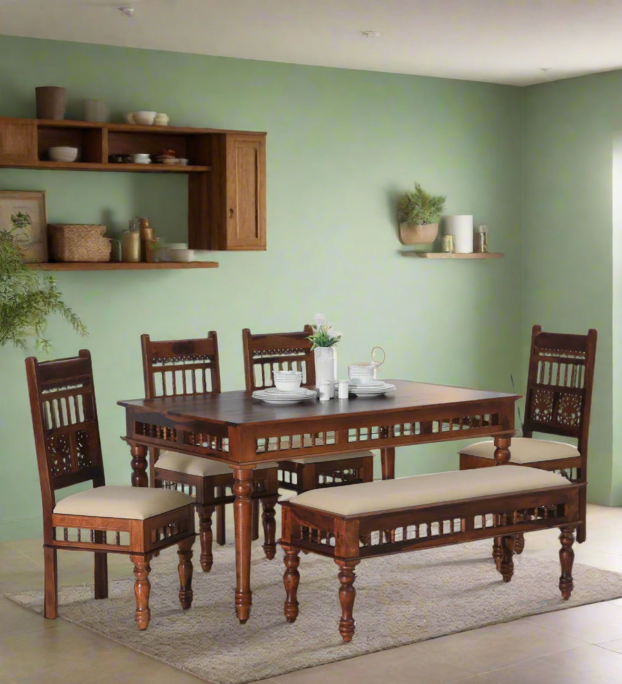 Gati Sheesham Wood 6 Seater Dining Set In Scratch Resistant Honey Oak Finish With Bench - Febonic Living