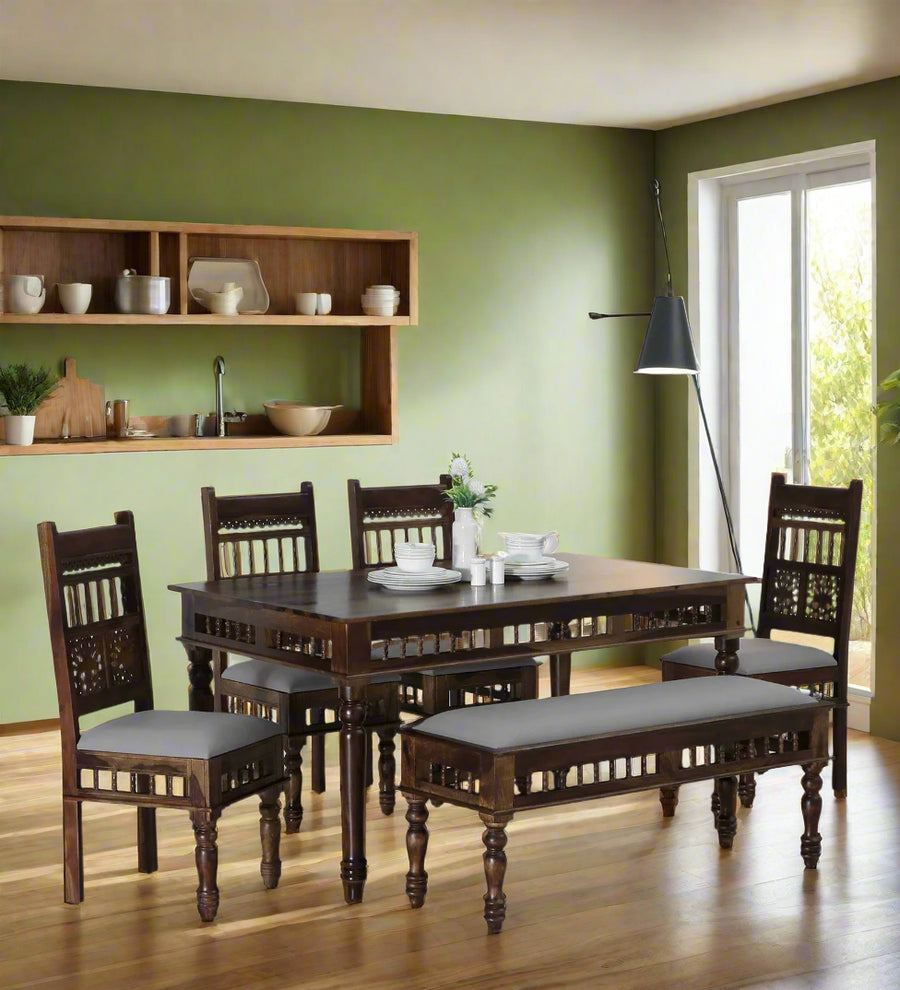 Gati Sheesham Wood 6 Seater Dining Set In Scratch Resistant Provincial Teak Finish With Bench - Febonic Living