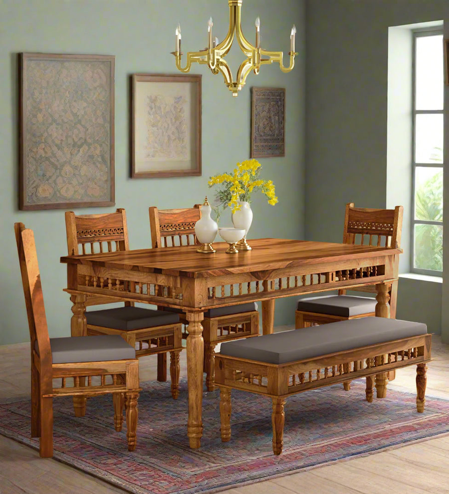 Gati Sheesham Wood 6 Seater Dining Set In Scratch Resistant Rustic teak Finish With Bench - Febonic Living