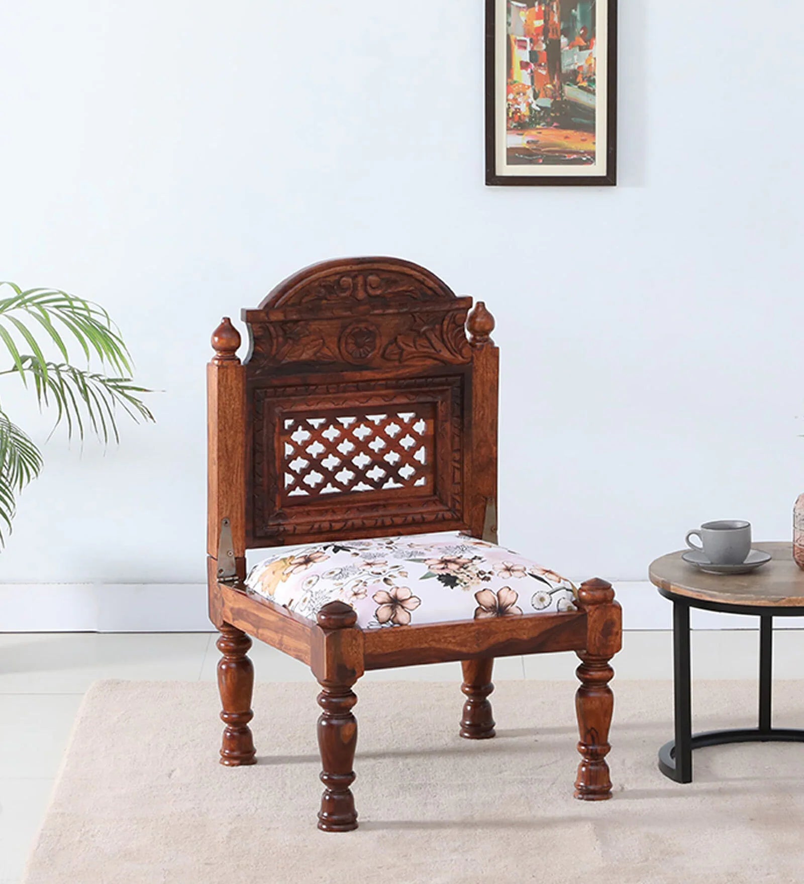 Atulya Sheesham Wood Slipper Chair In Honey Oak Finish With Floral Cushion - Febonic Living