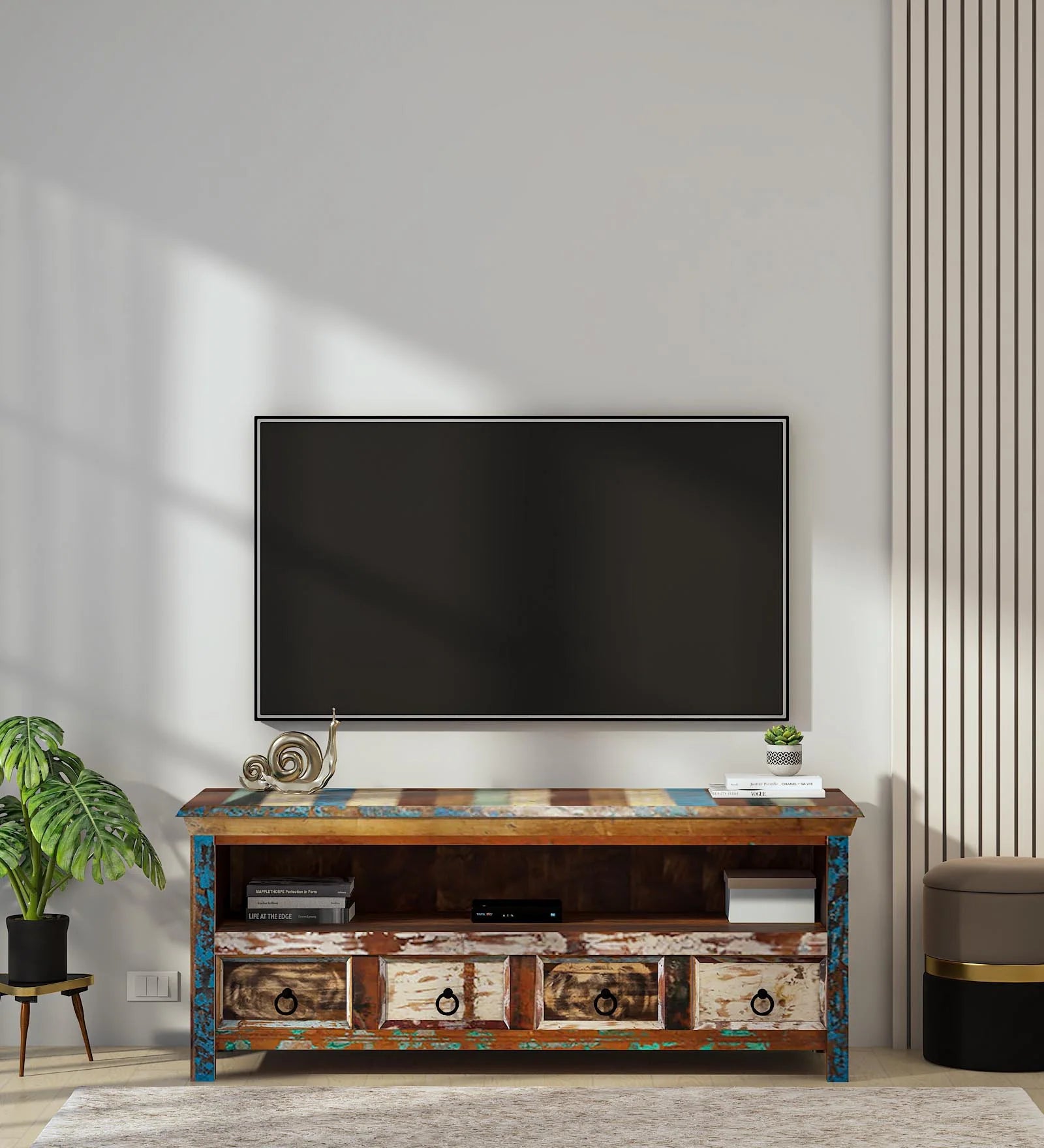 Ezla Reclaimed Wood TV Console In Distress Finish For TVs Up To 55" - Febonic Living