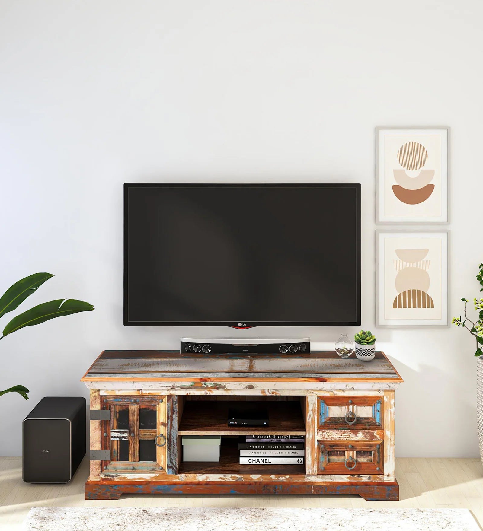 Ezla Reclaimed Wood TV Console In Distress Finish For TVs Up To 55" - Febonic Living