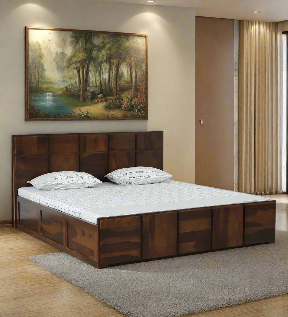Thor Sheesham Wood King Size Bed In Provincial Teak Finish With Hydraulic Storage - Febonic Living