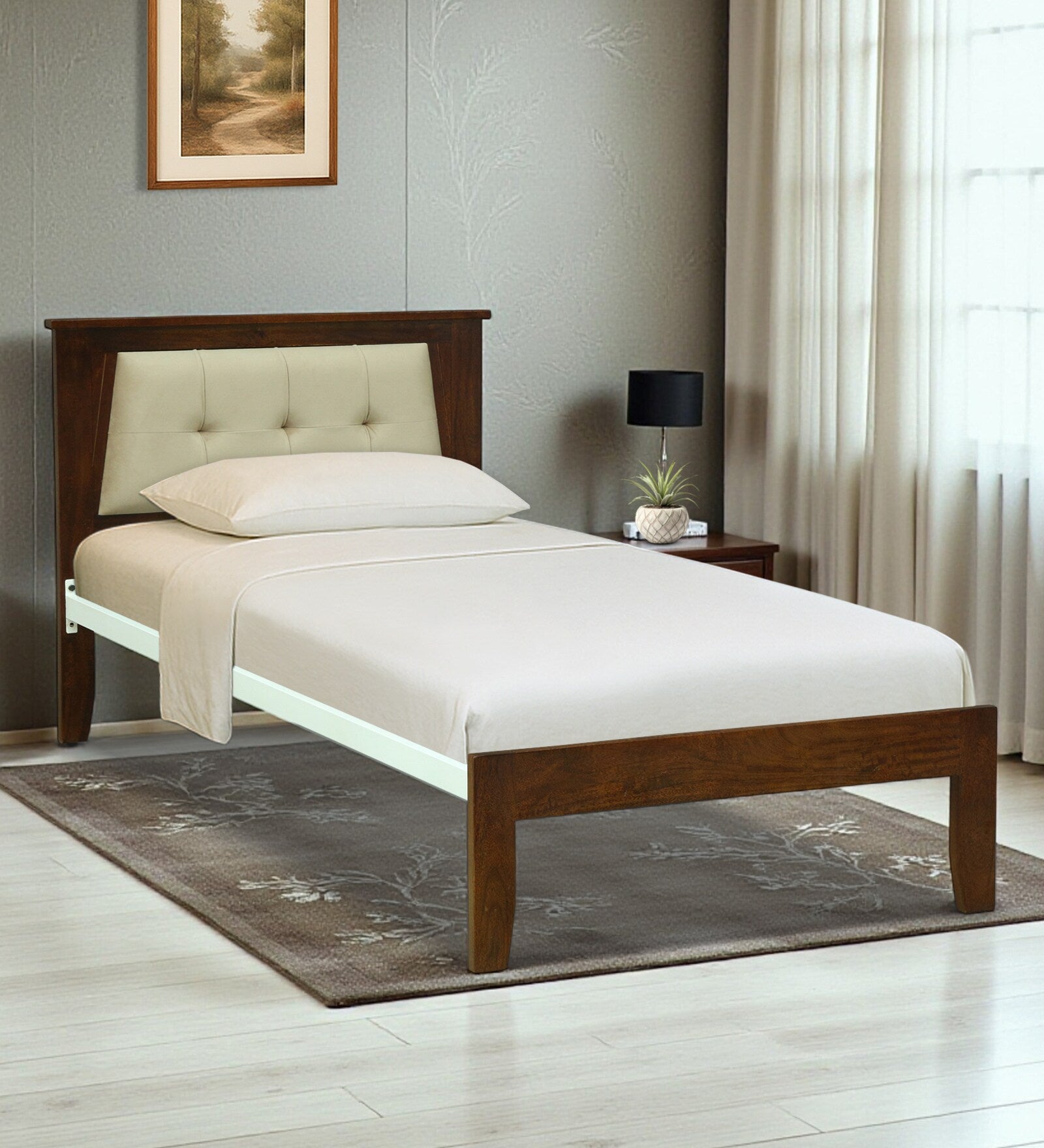 Verso Mango Wood Single Size Bed With Metal Side Rail In Tubbaq Finish