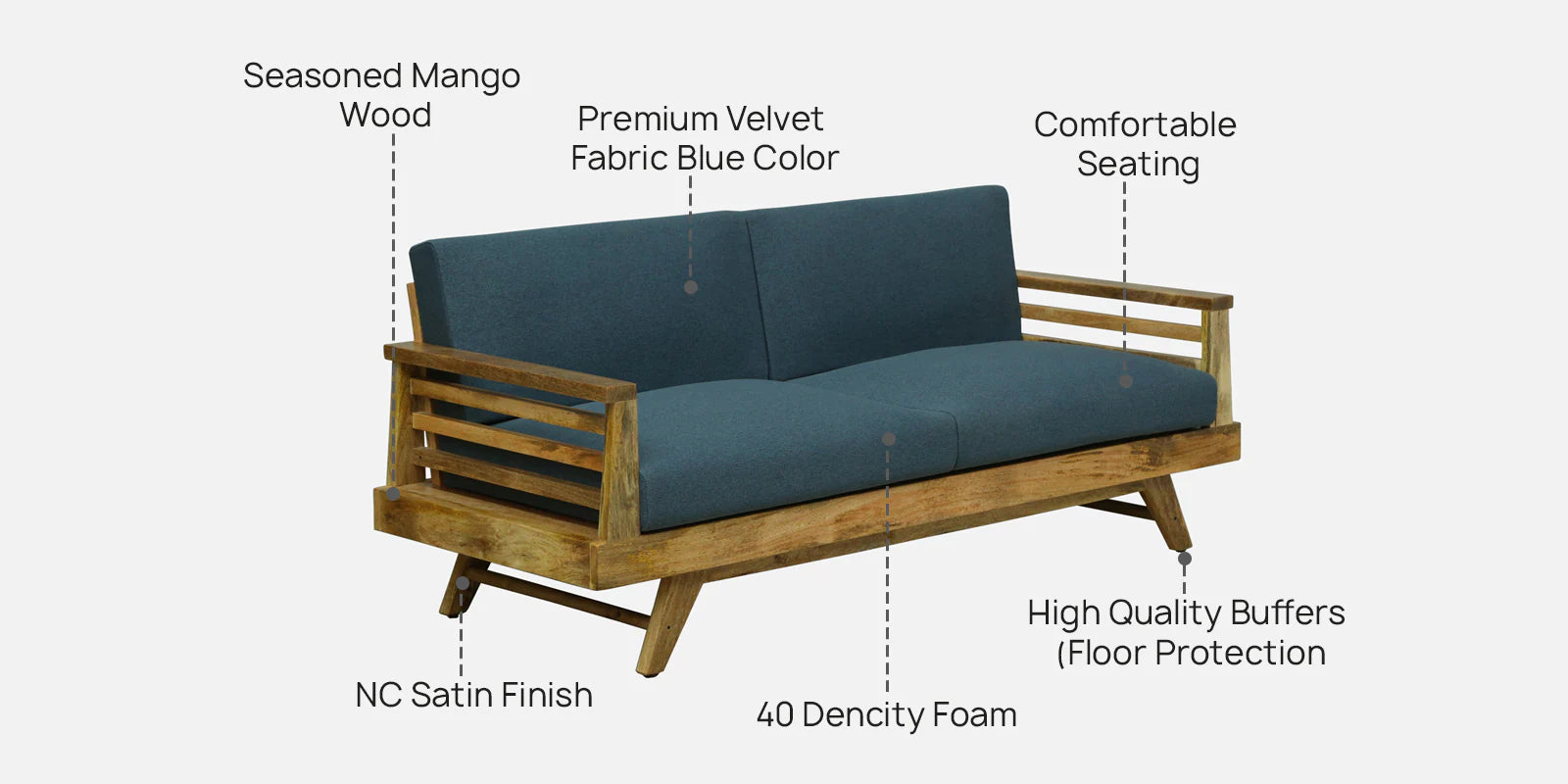 Matur Mango Wood 3 Seater Sofa In Natural Finish