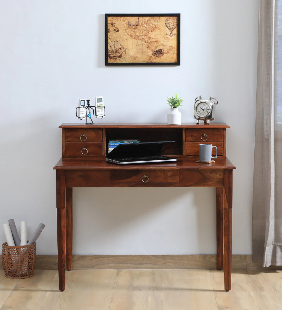 Akron Sheesham Wood Writing Table In Honey Oak Finish - Febonic Living