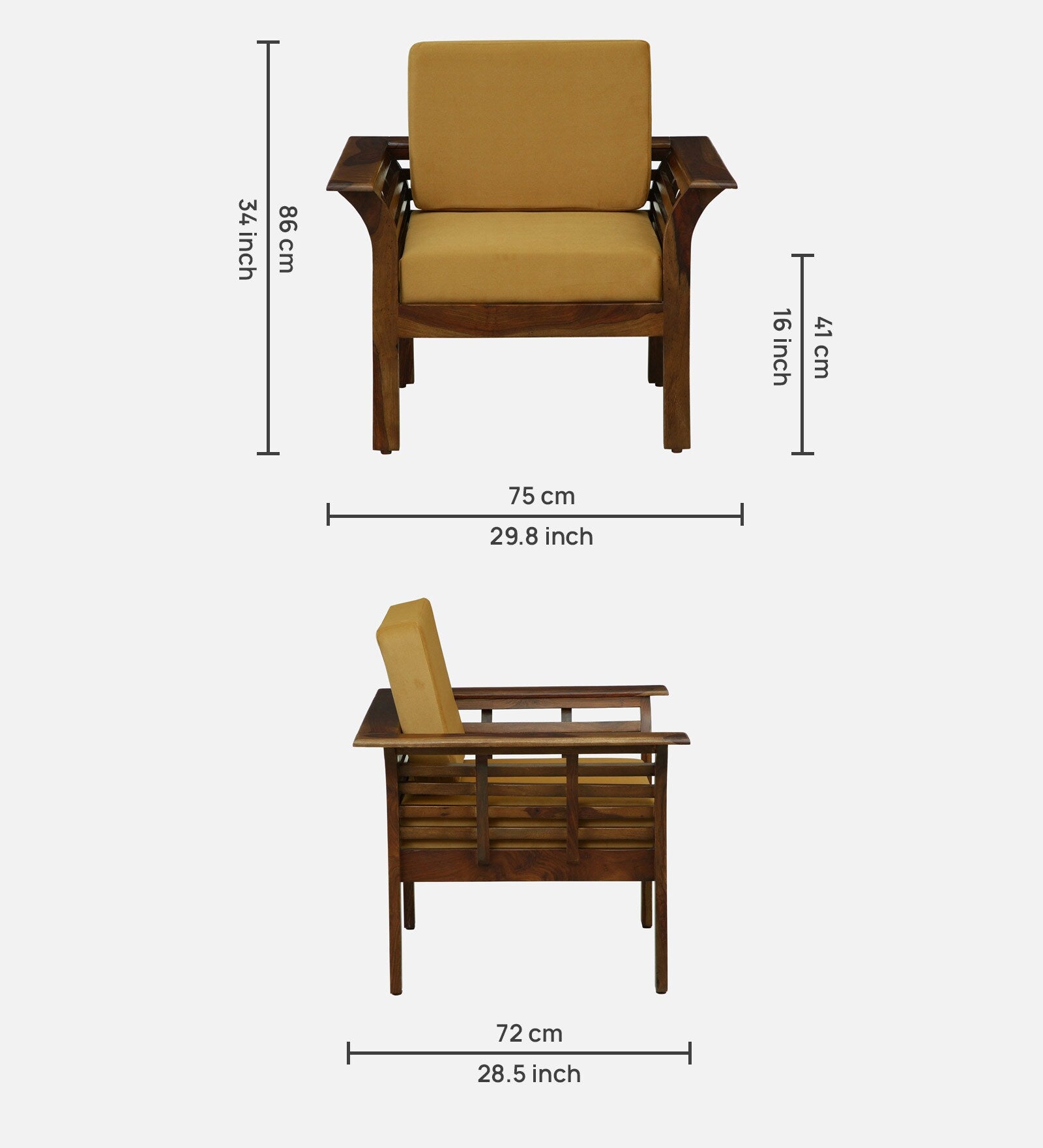Jota Sheesham Wood 1 Seater Sofa In Mustard Colour