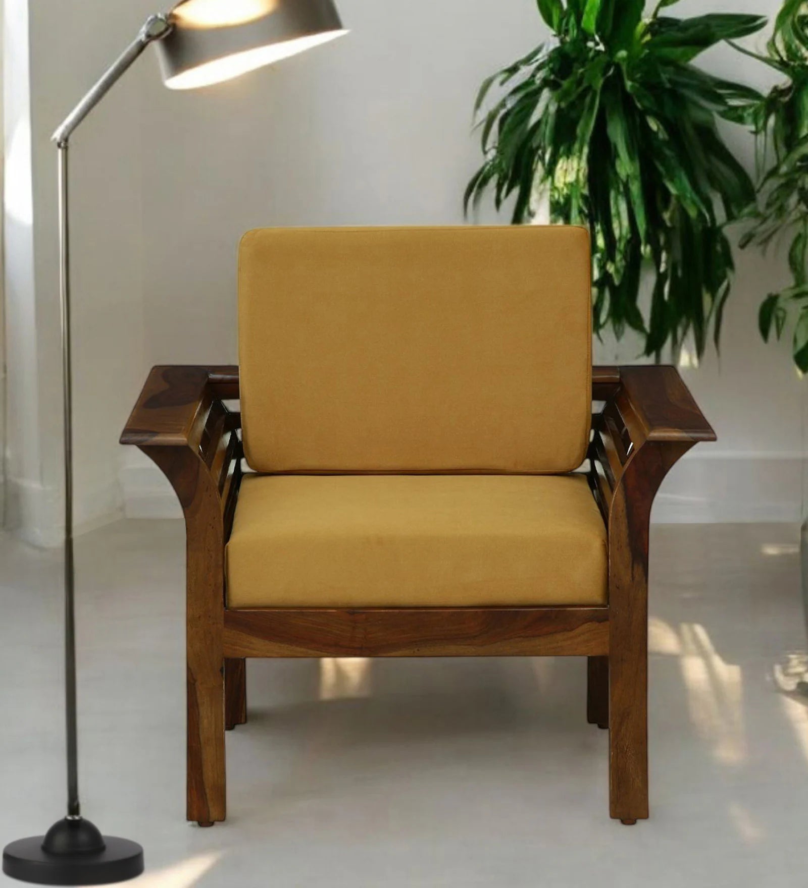 Jota Sheesham Wood 1 Seater Sofa In Mustard Colour