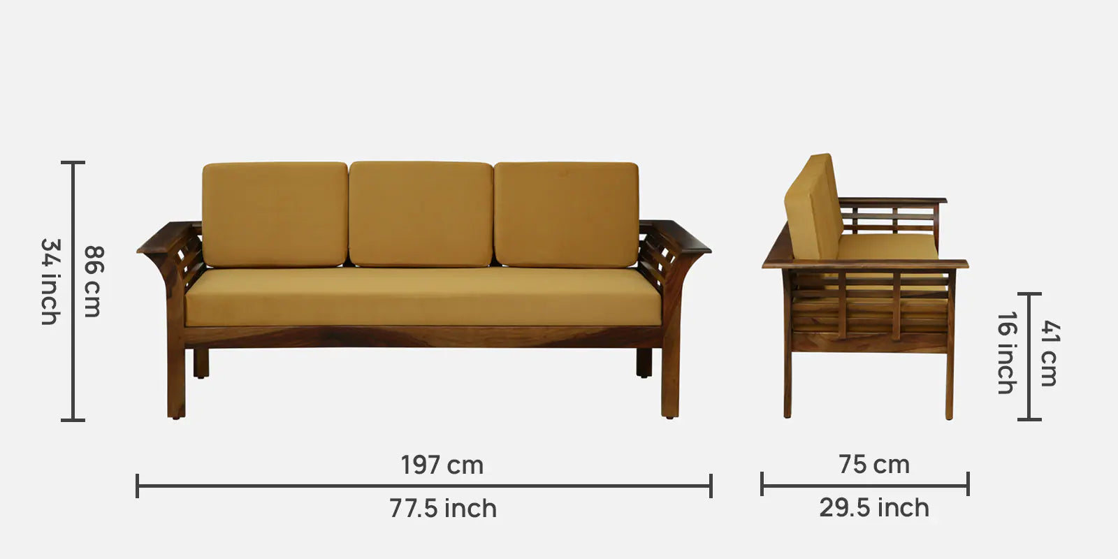 Jota Sheesham Wood 3 Seater Sofa In Mustard Colour
