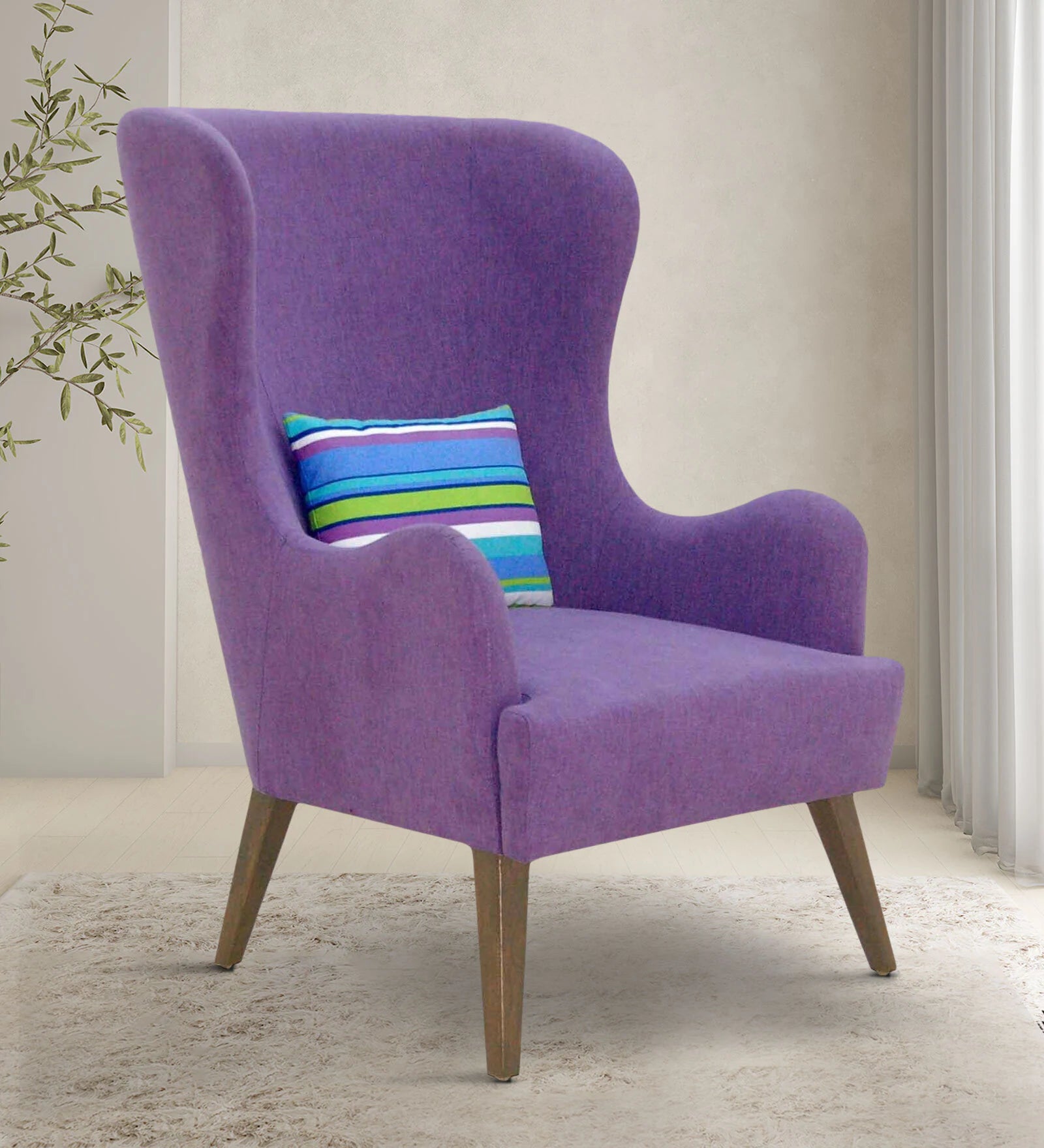 Jeyu Fabric Wing Chair In Purple Colour