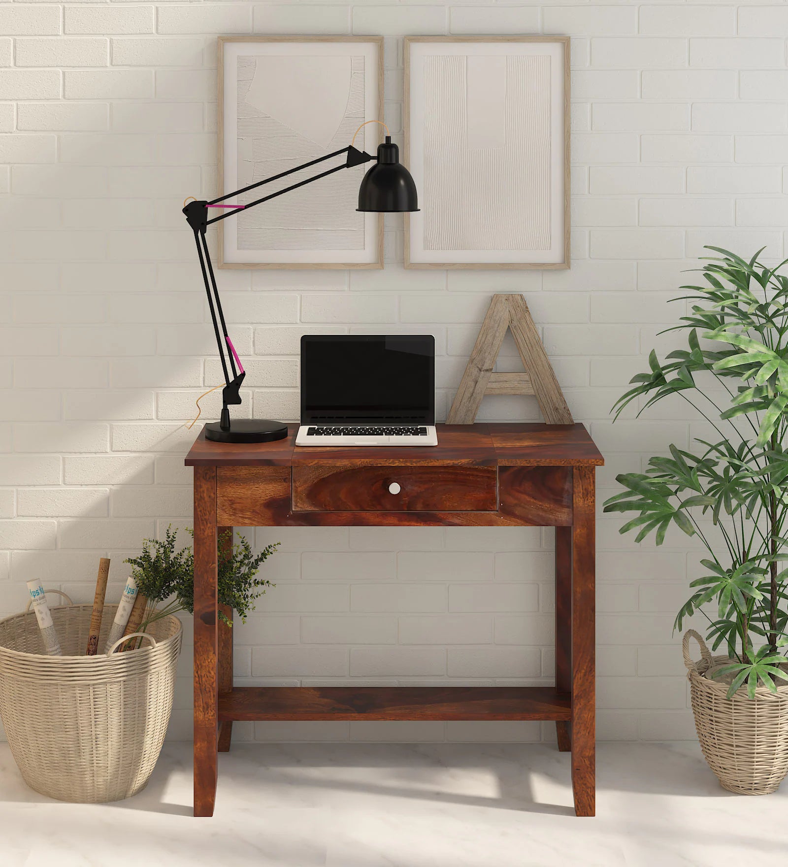 Split Sheesham Wood Writing Table With Scratch Resistant In Provincial Teak Finish - Febonic Living