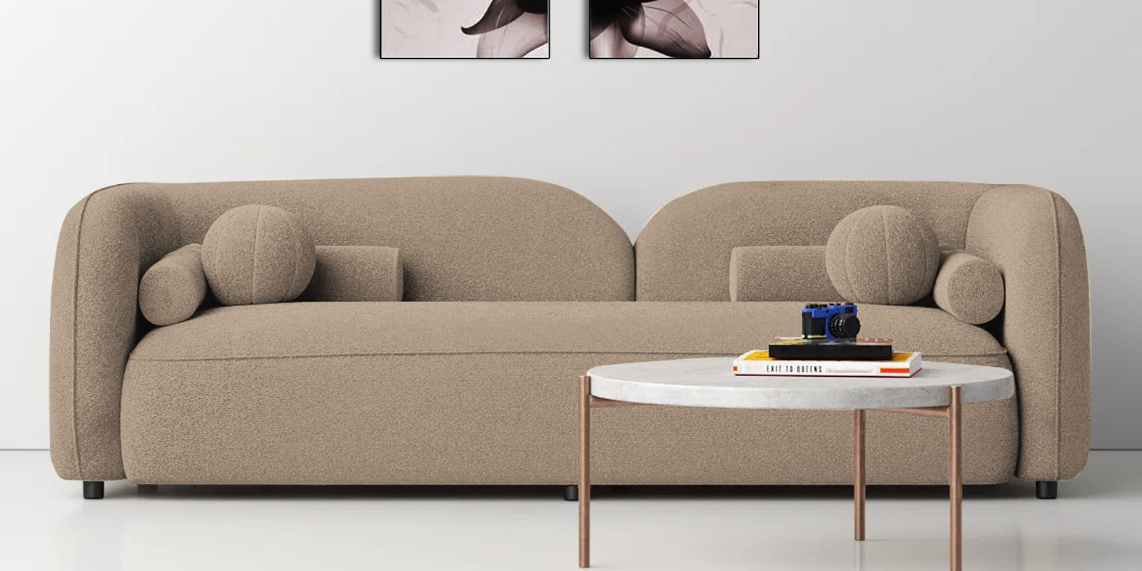 Corny 3 Seater Boucle Fabric Sofa in Mushroom Beige Colour - Front View