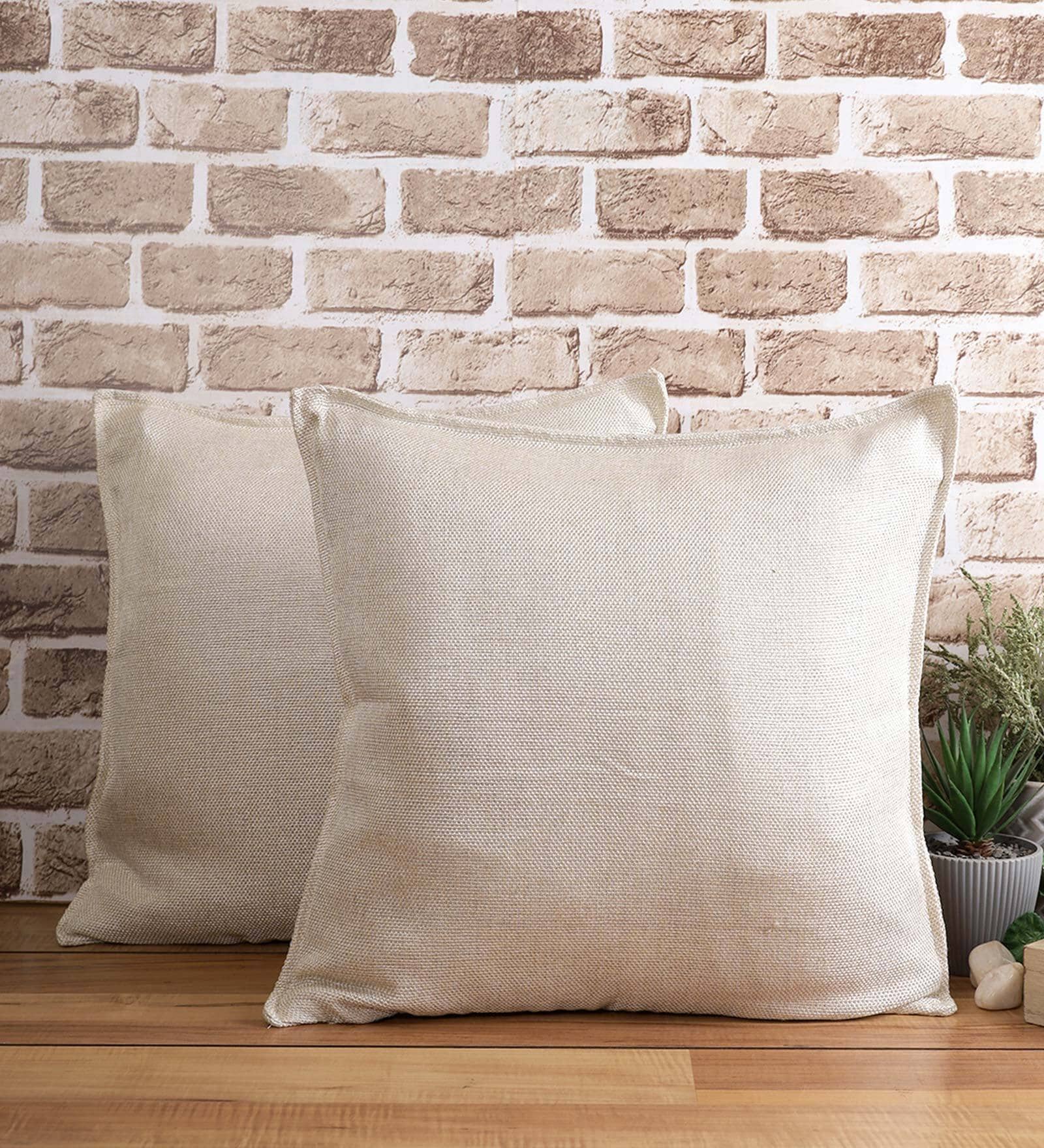 Charlie Jute Fabric Geometric 18x18 inches Cushion + Covers (Pack of 2) In Woom Beige Colour