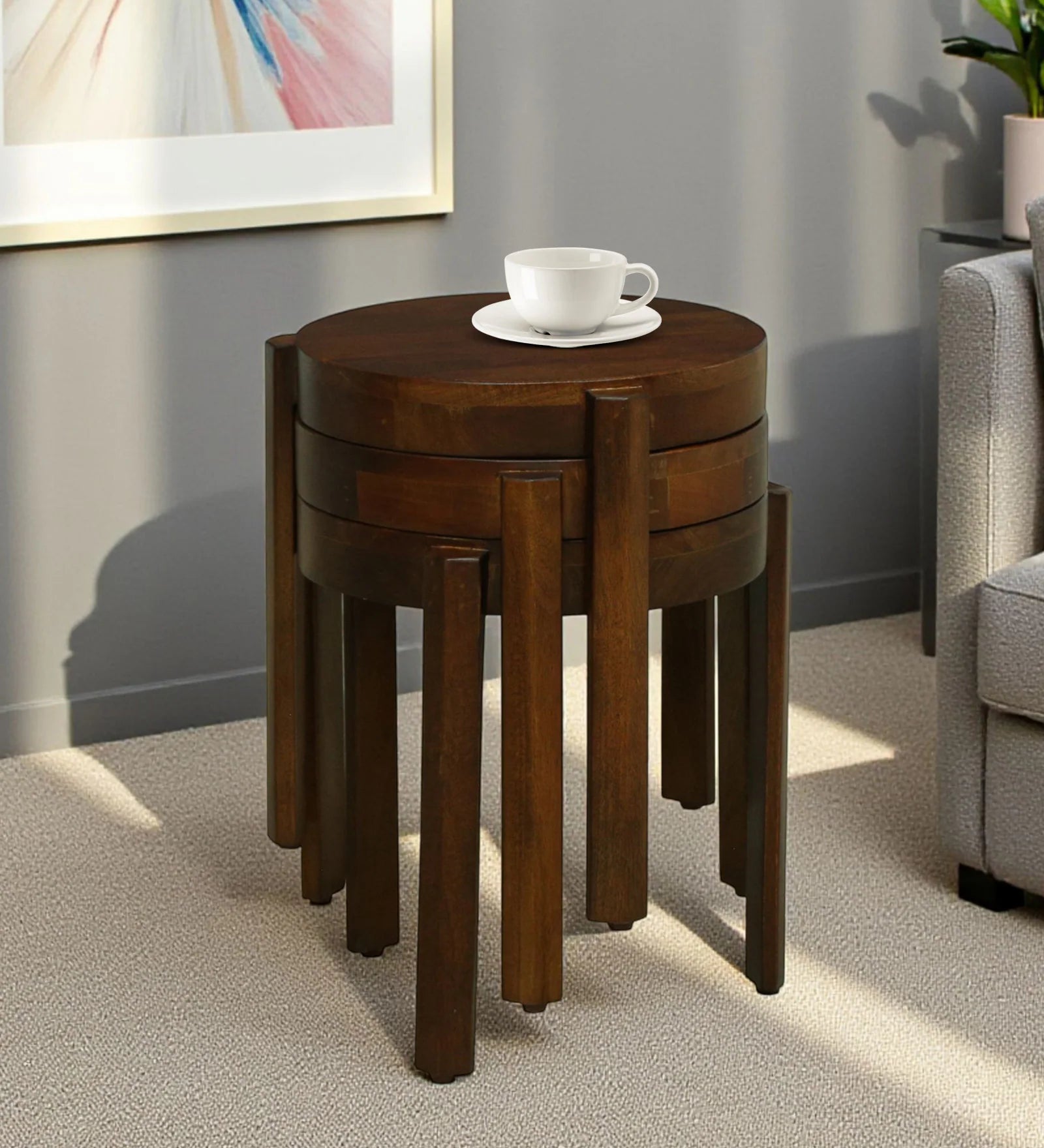 Sabel Mango Wood Round Nest Of Tables In Tubbaq Finish ( Set of 3 )
