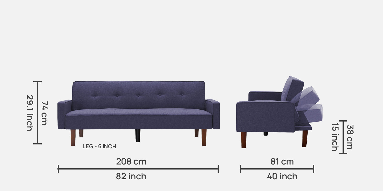 Nebia Fabric 3 Seater Convertable Sofa Cum Bed in Denim Blue Colour