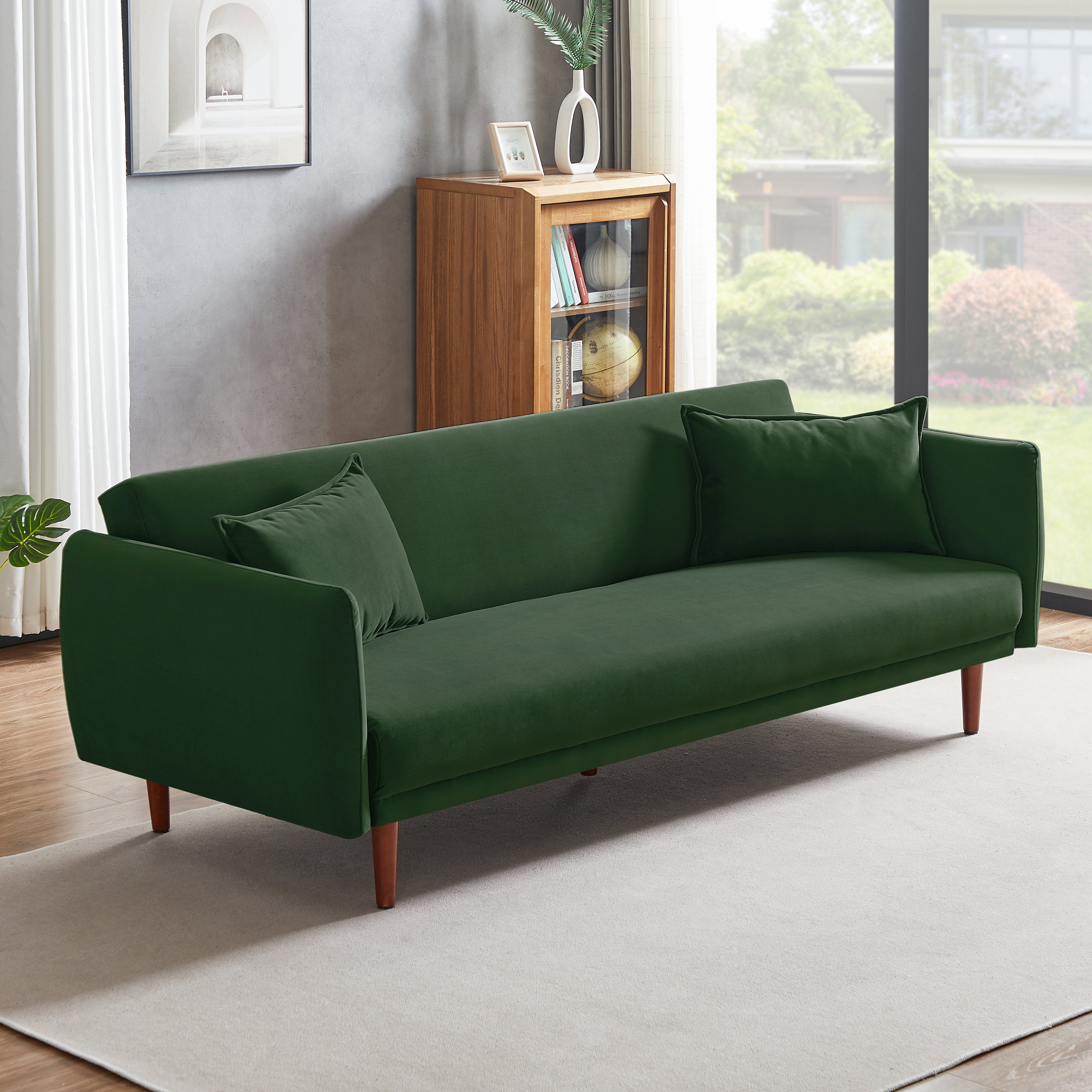 Aster Velvet 3 Seater Convertible Sofa Cum Bed In Amazon Green Colour