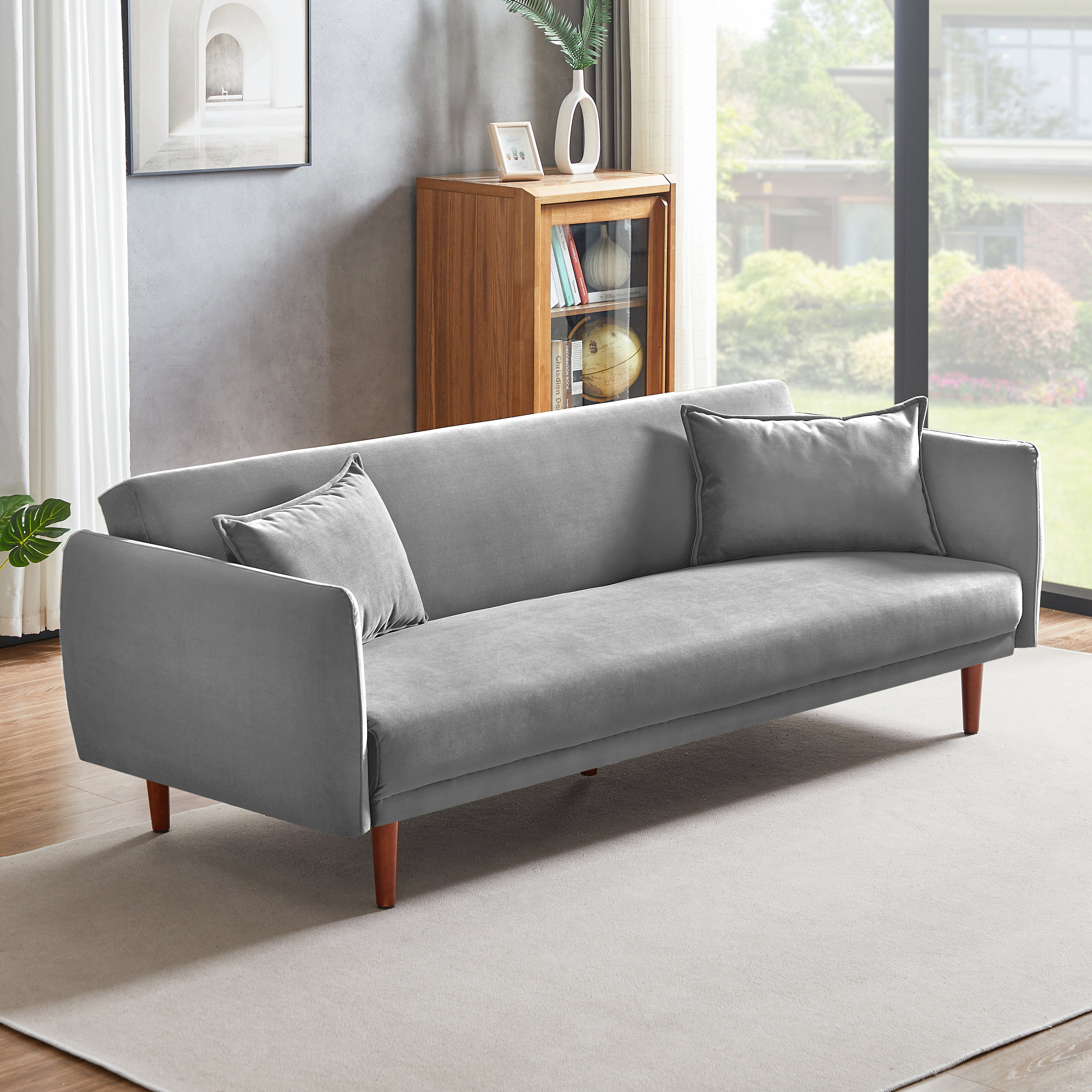 Aster Velvet 3 Seater Convertible Sofa Cum Bed In Concrete Grey Colour