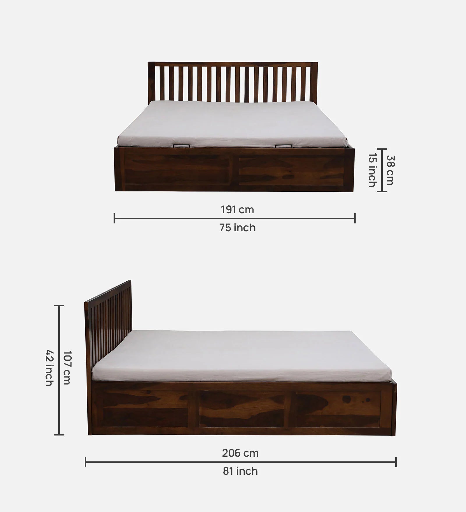 Remi Sheesham Wood King Size Bed In Provincial Teak Finish With Hydraulic Storage - Febonic Living