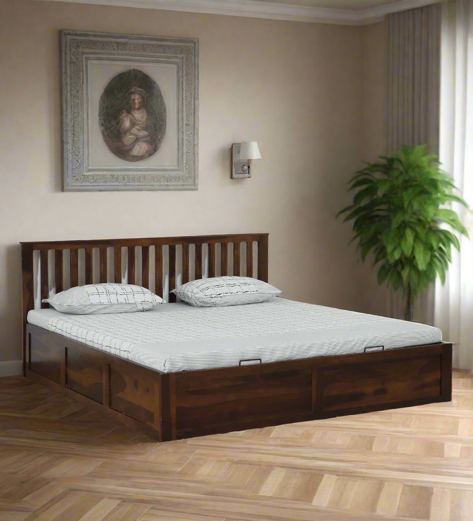 Remi Sheesham Wood King Size Bed In Provincial Teak Finish With Hydraulic Storage - Febonic Living
