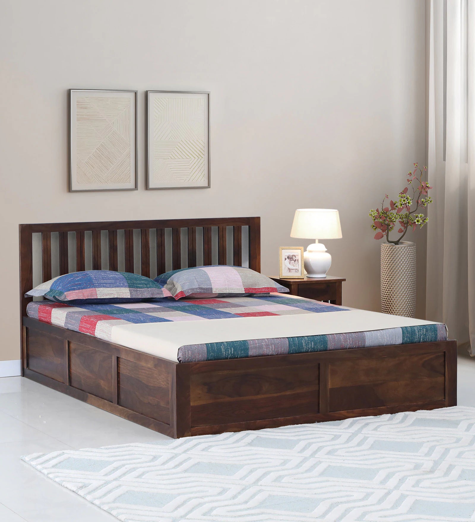 Remi Sheesham Wood King Size Bed In Provincial Teak Finish With Box Storage - Febonic Living