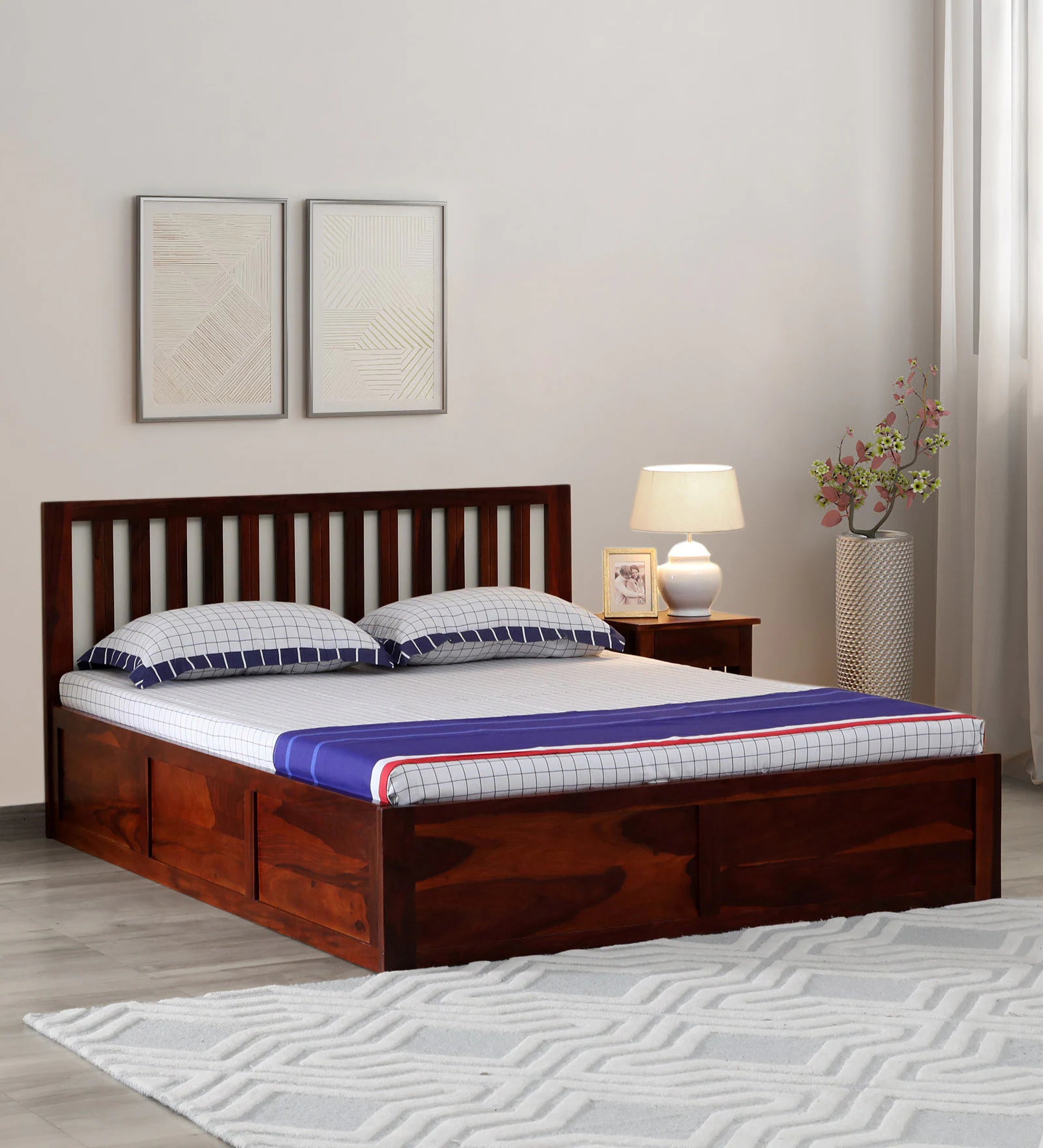 Remi Sheesham Wood King Size Bed In Honey Oak Finish With Box Storage - Febonic Living