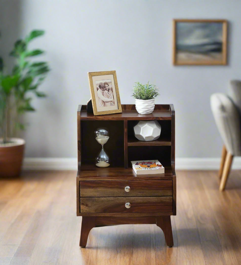 Milini Sheesham Wood Bedside Table With Drawer And Shelve In Provincial Teak Finish - Febonic Living
