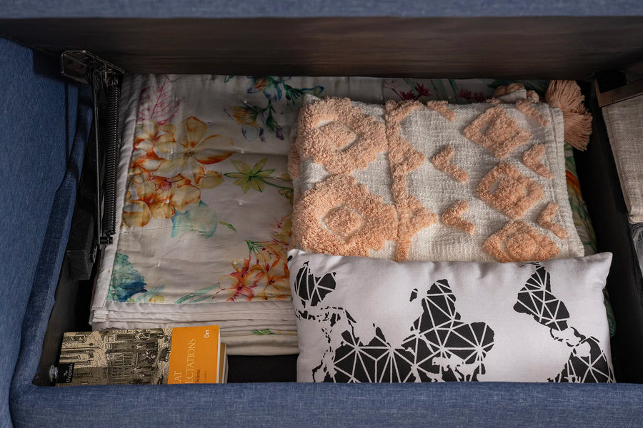 Melo Fabric 3 Seater Sofa In Denim Blue Colour With Storage - Febonic Living