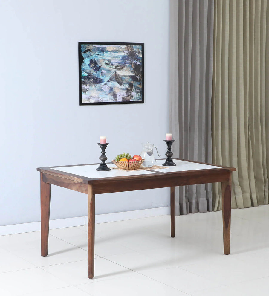 Simra 6 Seater Dining Table In Scratch Resistant Provincial Teak Finish With Marble Top - Febonic Living