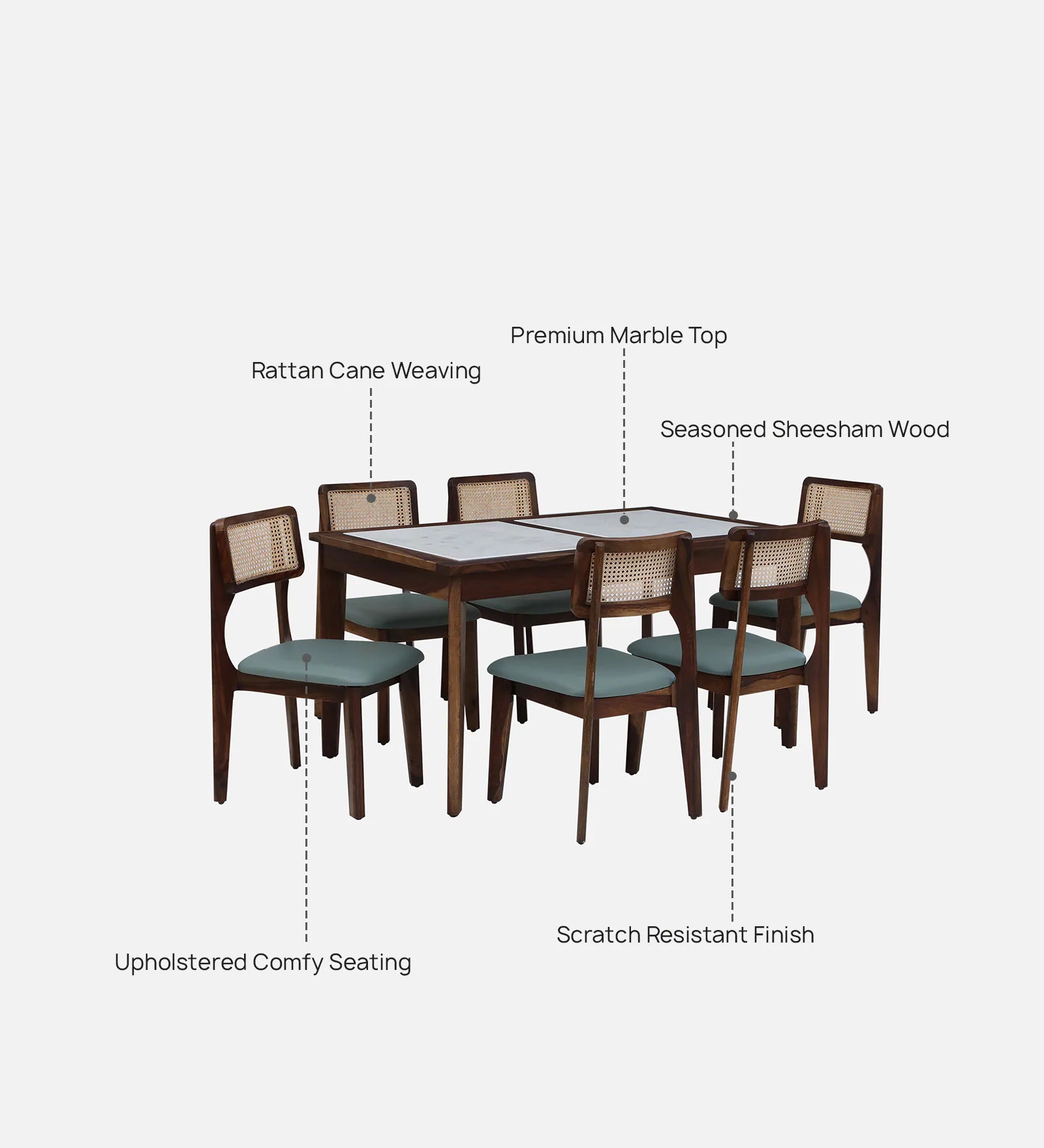 Simra Sheesham Wood 6 Seater Dining Set In Scratch Resistant Provincial Teak Finish With Marble Top - Febonic Living